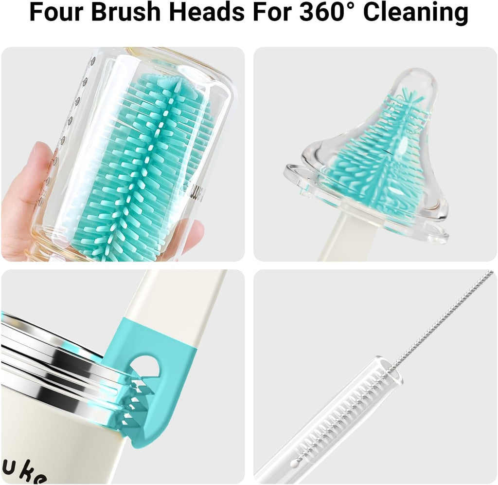 Aynmer Baby Bottle Brush Cleaner Set - 10 In 1 Travel Bottle Cleaning Brush Kit with Silicone Bottle Brush, Nipple Brush, Soap Dispenser, Portable Drying Rack, Breast Pump & Bottle Cleaning Kit -Green