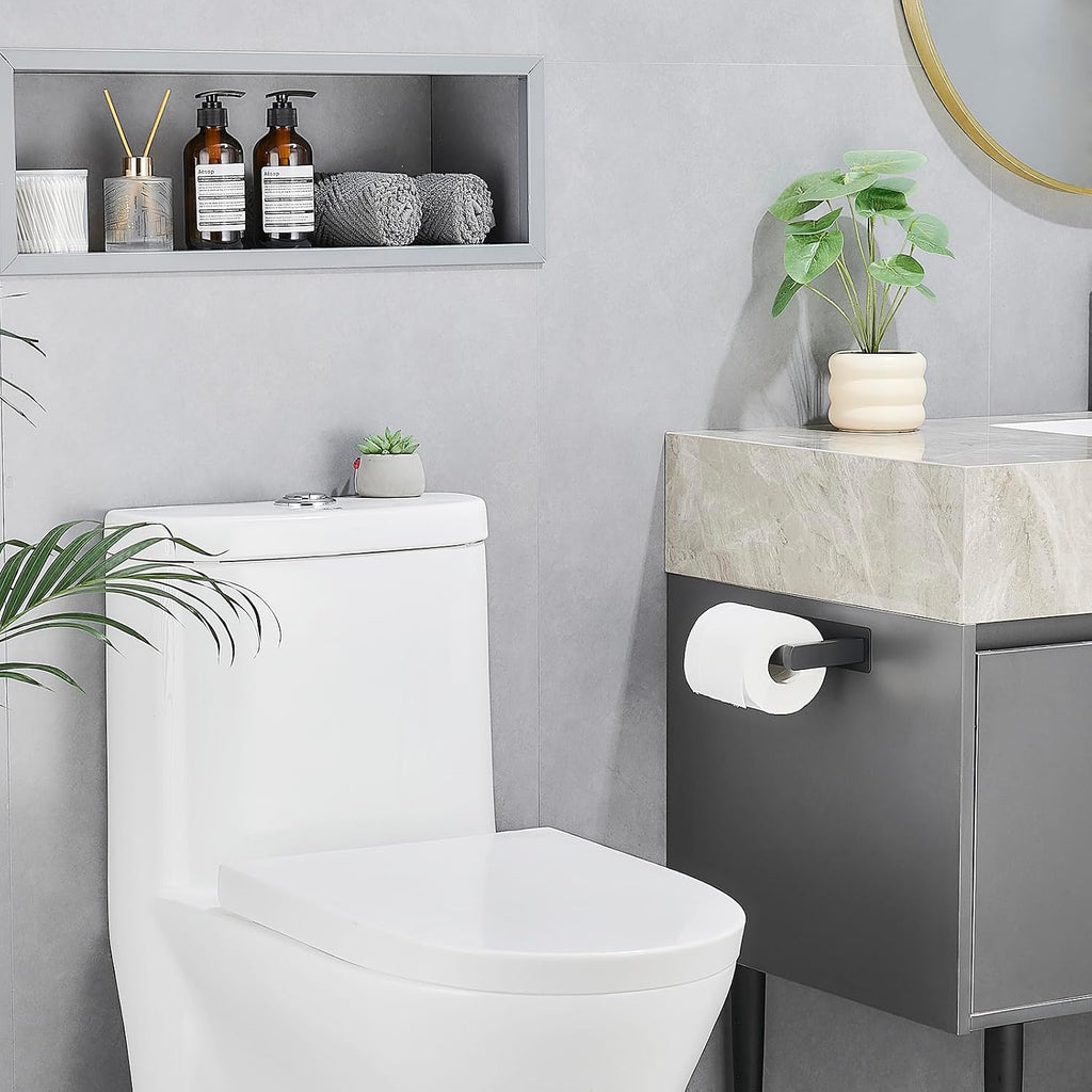 Pokim Matte Black Toilet Paper Holder,Self Adhesive or Screw Wall Mount 304 Stainless Steel Double Post Tissue Holder for Bathroom,Rustproof Heavy Duty Design
