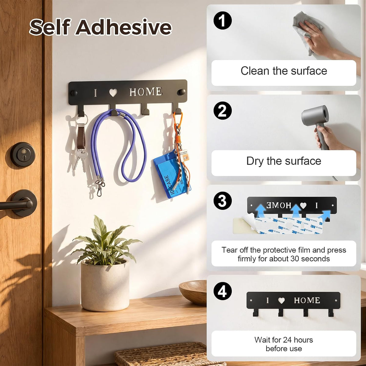 4-Hook Metal Key Holder Wall Mount with Self-Adhesive Back