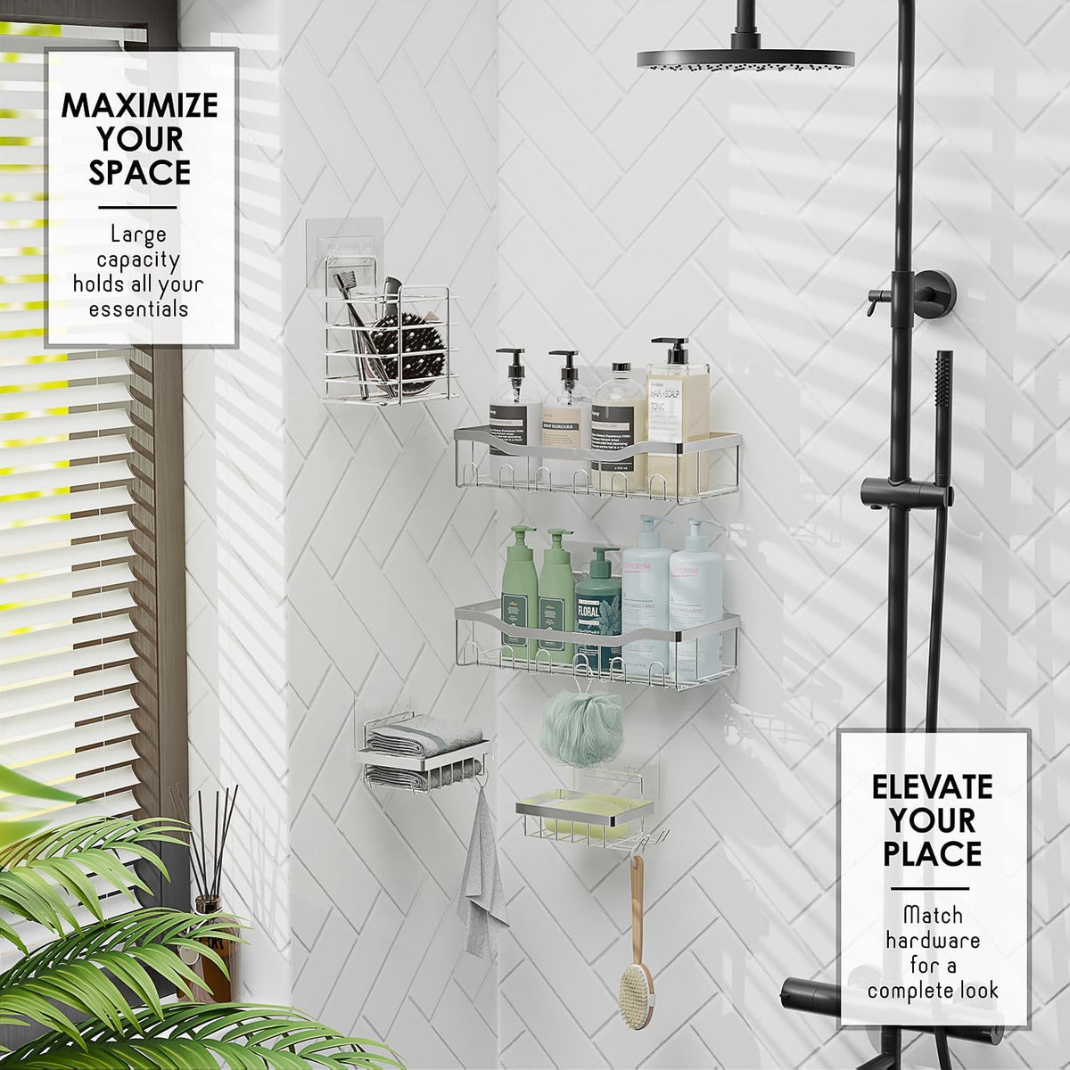 Clara Clark Shower Caddy Adhesive Organizer - Large Capacity Shower Rack, Rustproof Stainless Steel Shelves for Bathroom Storage & Home Decor
