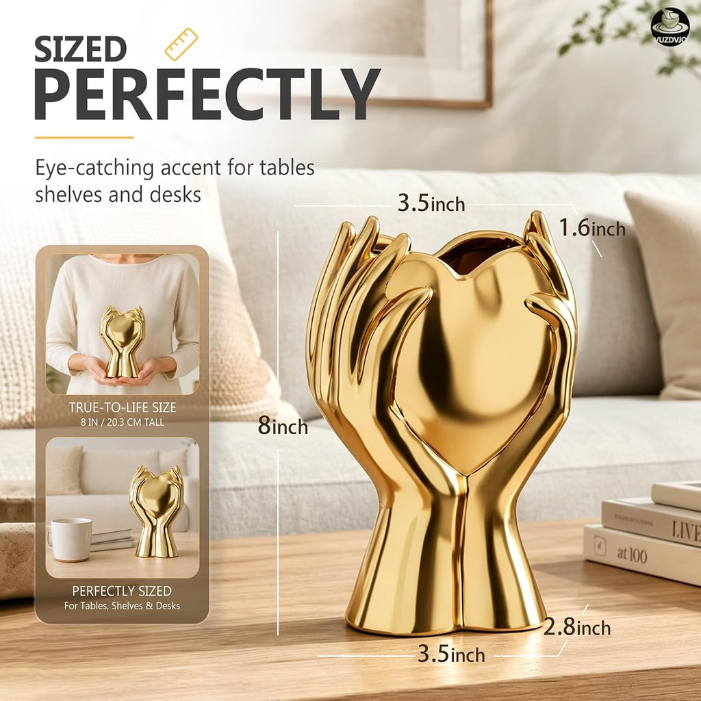 8" Heart Hand Gold Ceramic Vase - Unique Modern Aesthetic Flowers Vase for Living Room Bedroom Office Kitchen Table Centerpiece or Shelf Decor-Gifts for Wedding Bridal Shower Women Mom (Gold)