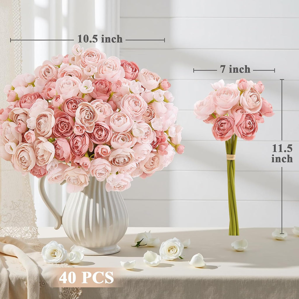 U'Artlines Mini Ranunculus Artificial Flowers Bouquet 40 PCS Dusty Rose