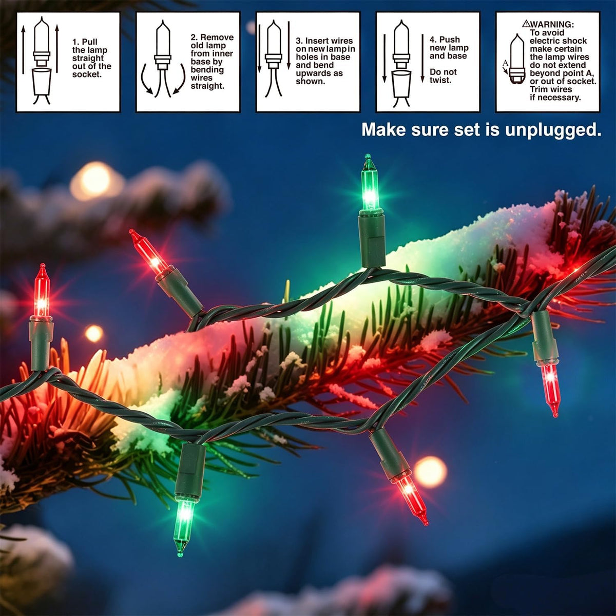 3Pack Red&Green Christmas String Lights, 100 Count Incandescent Mini Lights