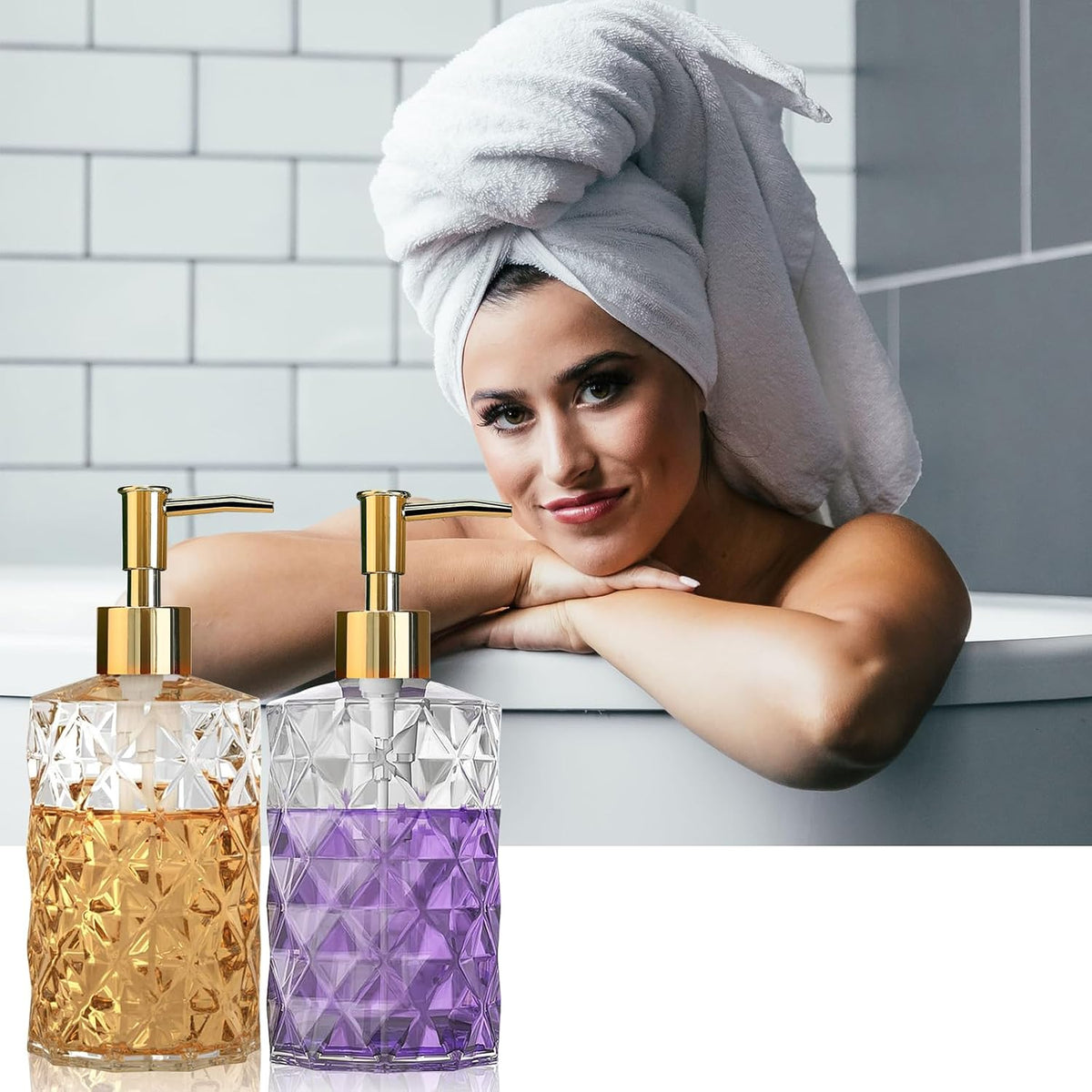 Crystal Glass Soap Dispenser, 330ml/12oz. Clear Glass Lotion Soap Dispenser with Gold Pump, Crystal Design Reusable Hand Soap Dispenser for Kitchen Dish Soap, Shower Gel, Shampoo(4 Pack)