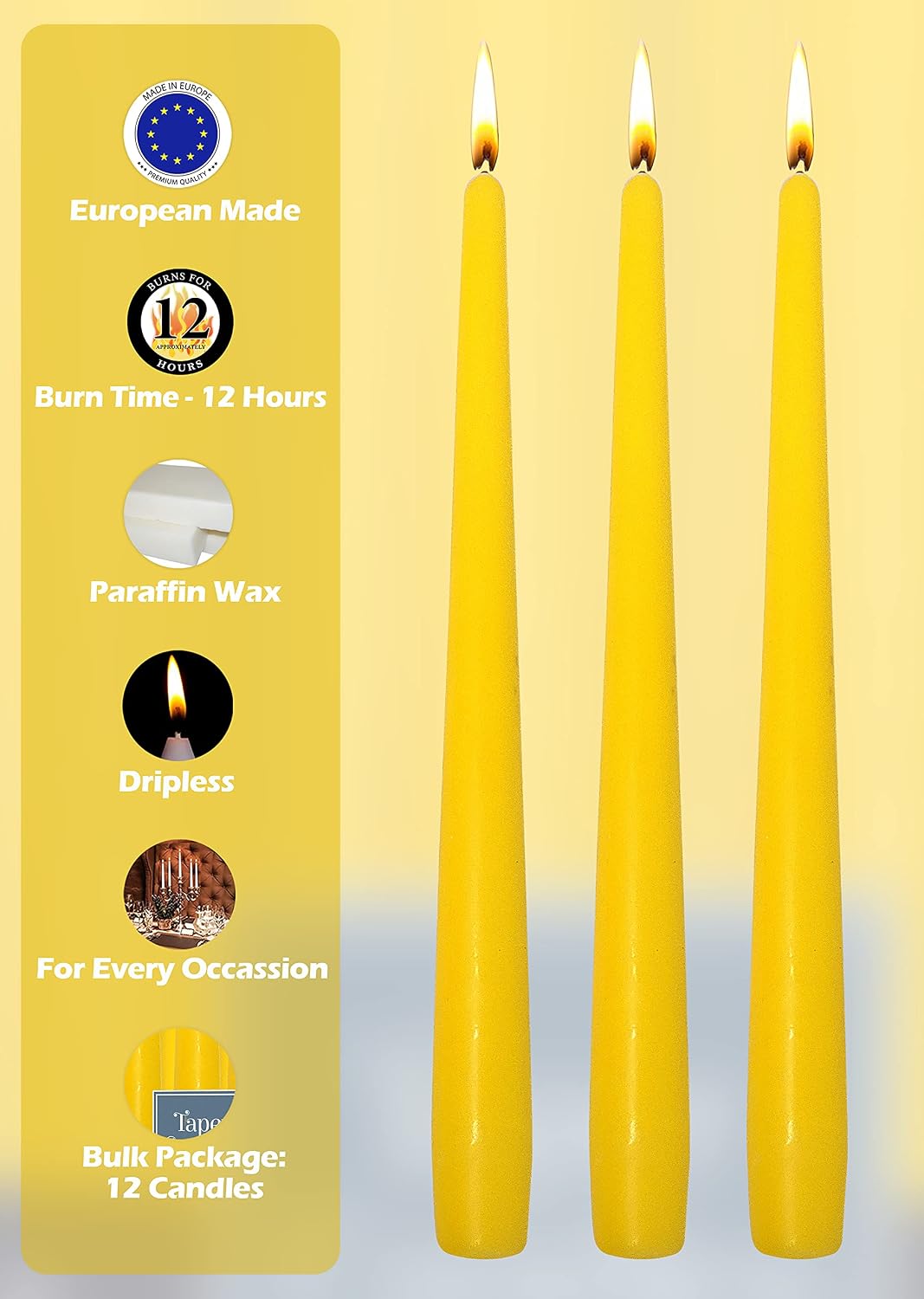Hyoola Tall Taper Candles - 14 Inch Yellow Unscented Dripless Taper Candles - 12 Hour Burn Time - 12 Pack