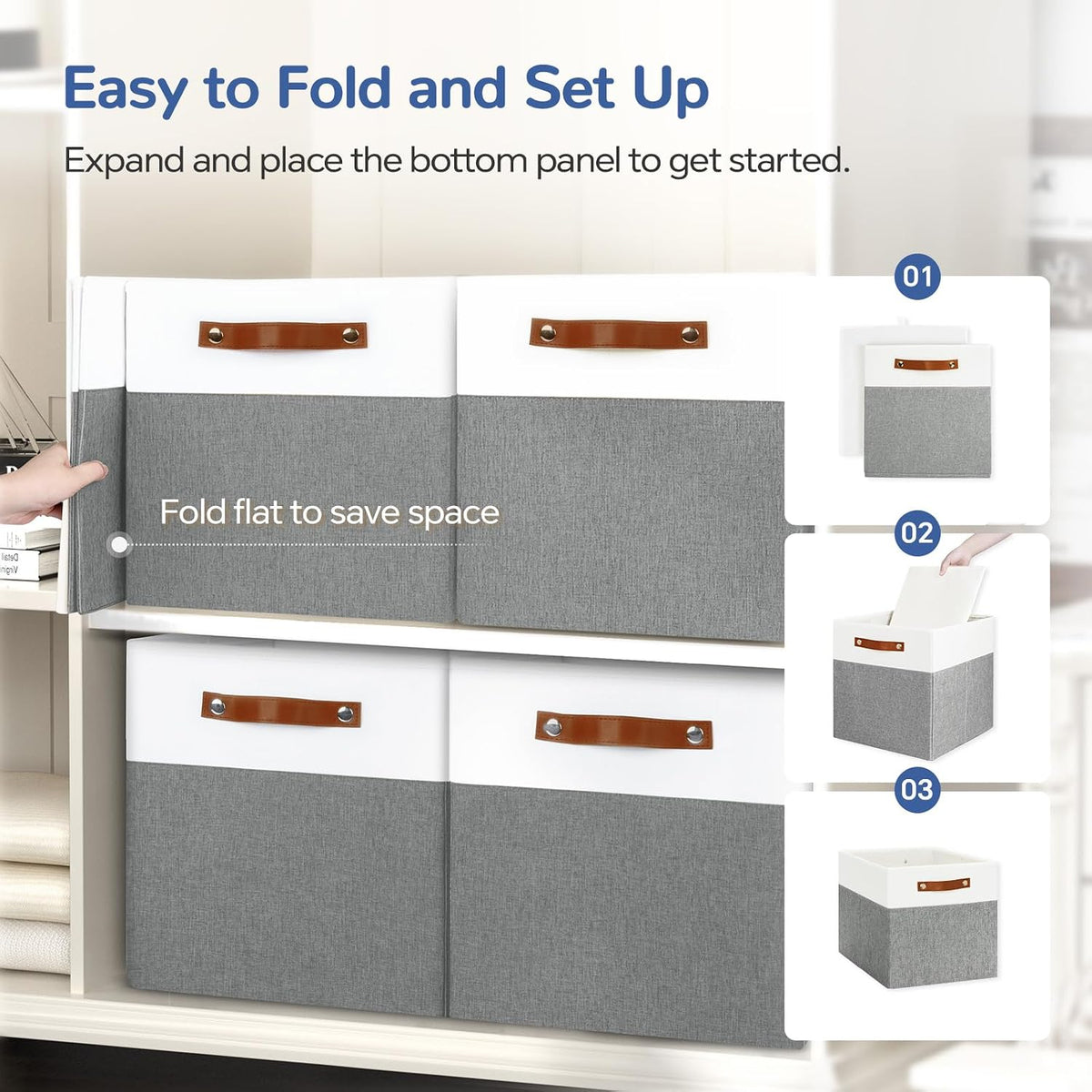 Patvingot 13-Inch Linen Storage Cubes with Labels and PU Handles,6 Pack
