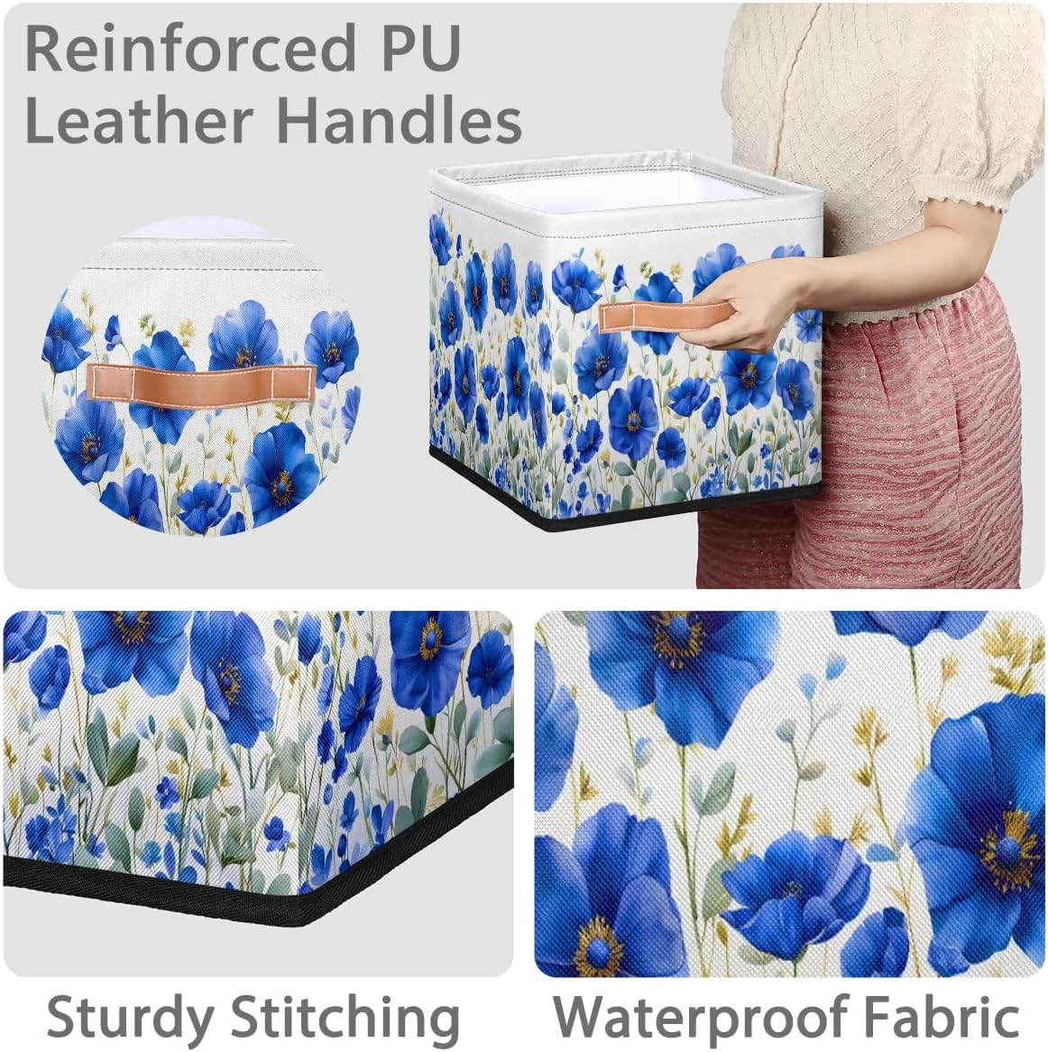 11 Inch Fabric Storage Cube with Handles, Navy Blue Flower Collapsible Storage Basket for Shelves, Square Storage Bin Canvas Closet Organizer for Decor