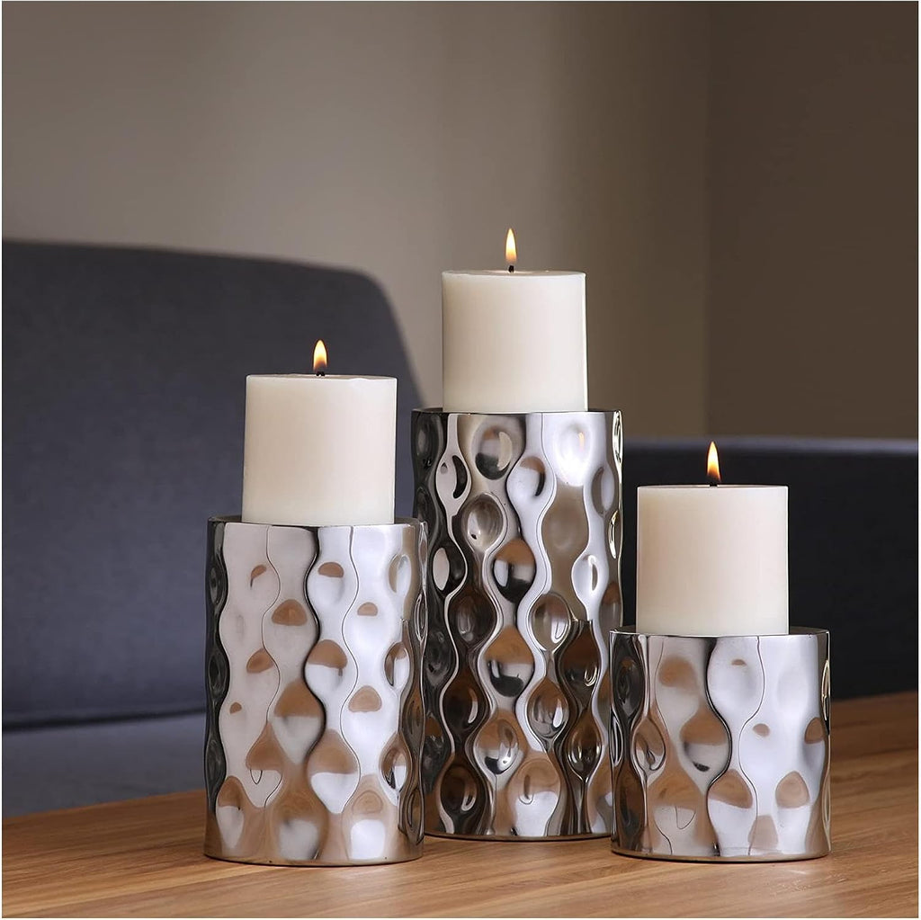 Hosley Silver Color Pillar LED Candle Holders/Vases Set of 3. Also usable as Vase. Ideal Gift for Wedding Party Home SPA Aromatherapy Reiki Candle Garden O3