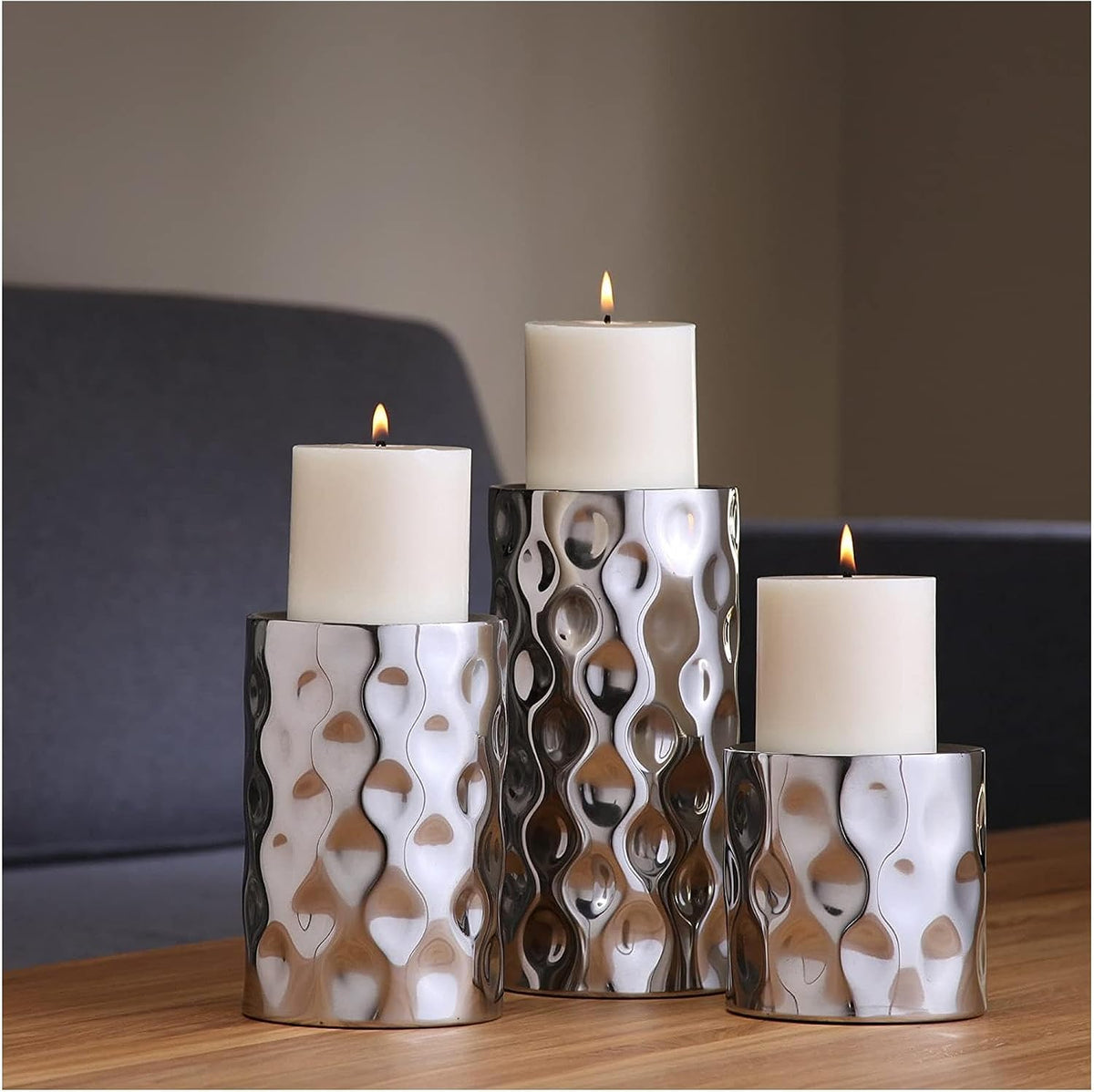 Hosley Silver Color Pillar LED Candle Holders/Vases Set of 3. Also usable as Vase. Ideal Gift for Wedding Party Home SPA Aromatherapy Reiki Candle Garden O3