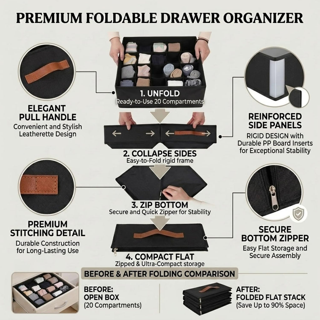 Tuza Drawer Organizer Clothes, 8 Pack sock Underwear organizer for drawer, Foldable Dresser Organizer Bins for Baby Clothes, Fabric Drawer Organizer Dividers for Socks, Underwears, Bra, Ties (Black)