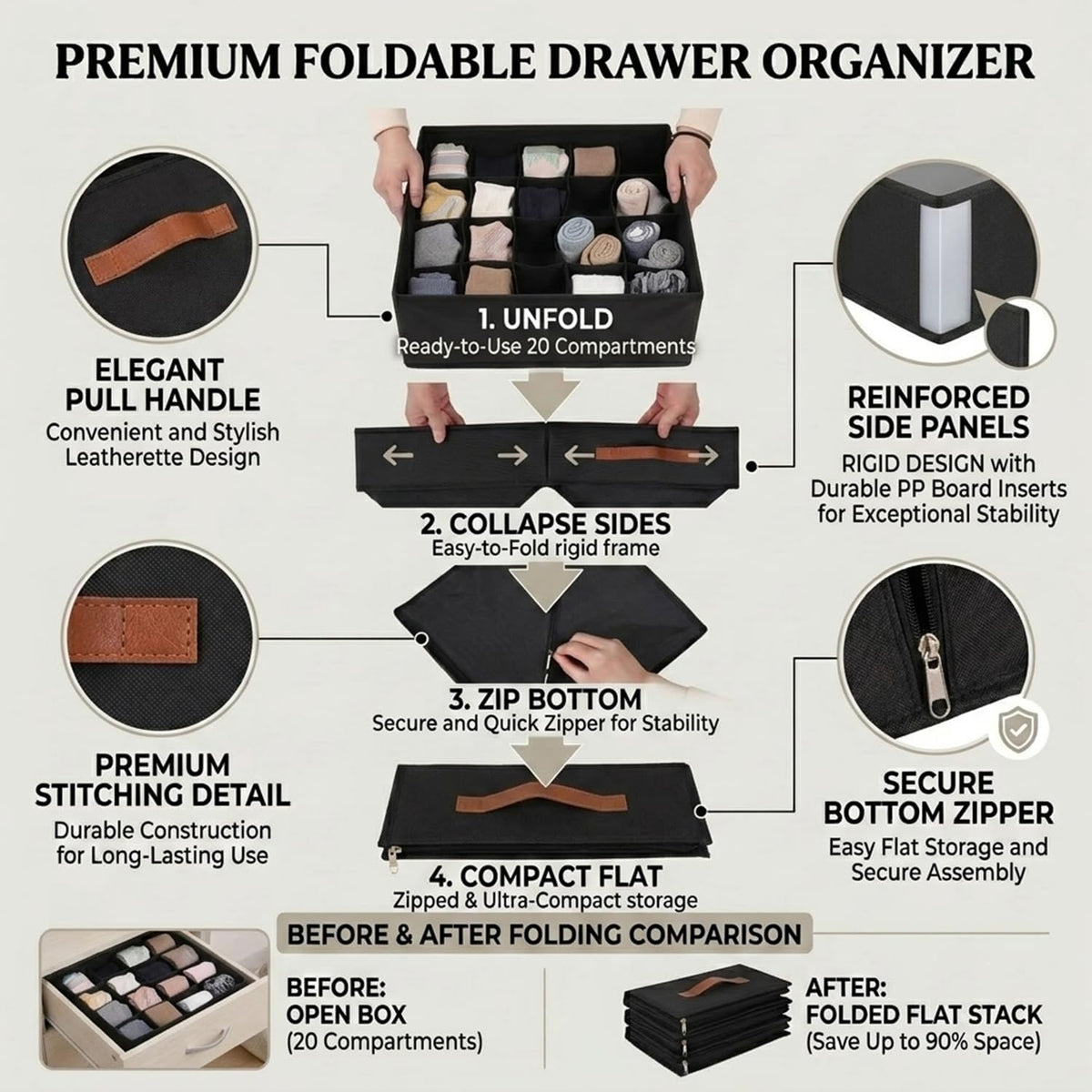 Tuza Drawer Organizer Clothes, 8 Pack sock Underwear organizer for drawer, Foldable Dresser Organizer Bins for Baby Clothes, Fabric Drawer Organizer Dividers for Socks, Underwears, Bra, Ties (Black)