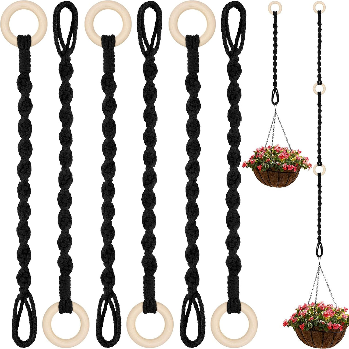6 Pack Adjustable Macrame Plant Hanger Extender Handmade Woven Hanging Basket Extenders Connectable Rope Hanging Extension with Wooden Ring for Indoor Outdoor Plant Pot Holder(Black)