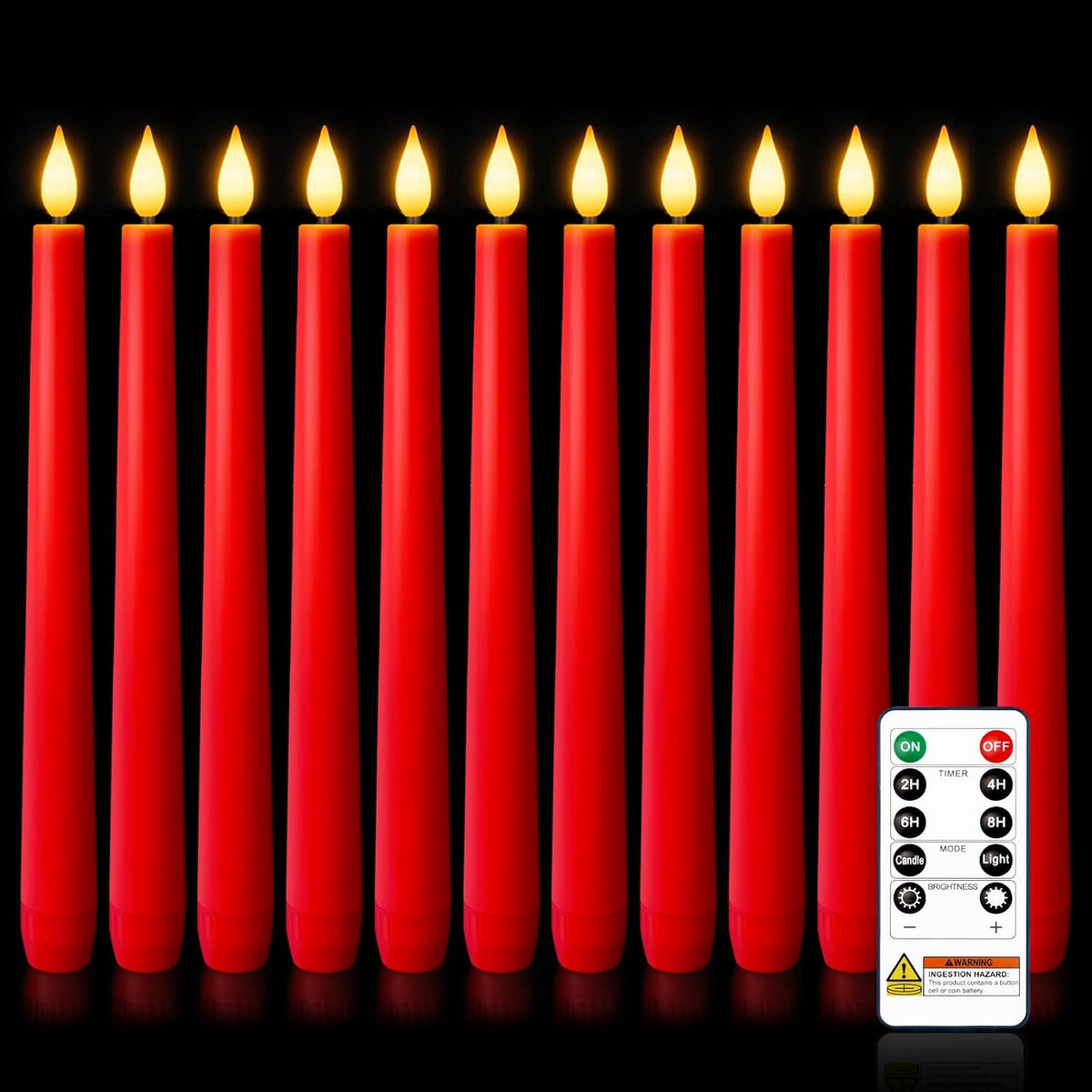 Homemory 12 Pcs Waxy Red Flameless Taper Candles with Remote, Led Flameless Candlesticks Classic Tall Candle, Flickering Battery Operated Taper Candles for Bedroom, Dining Room, 9.6 inches