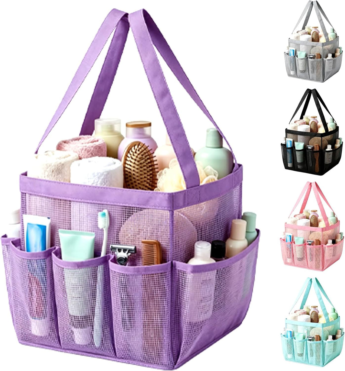 Mesh Shower Caddy Portable for College Dorm Room Essentials, Large Foldable Camp Travel Shower Bag with 9 Pockets, Quick Dry Bathroom Toiletry Tote Bag for Beach Swimming Gym Women Men (Purple)