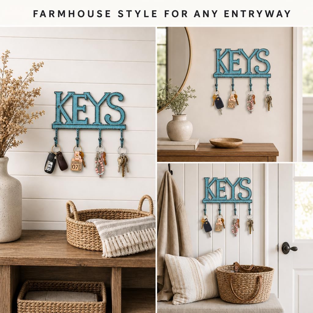 Comfify Rustic Blue Cast Iron Key Holder for Wall – Keys Sign with 4 Hooks