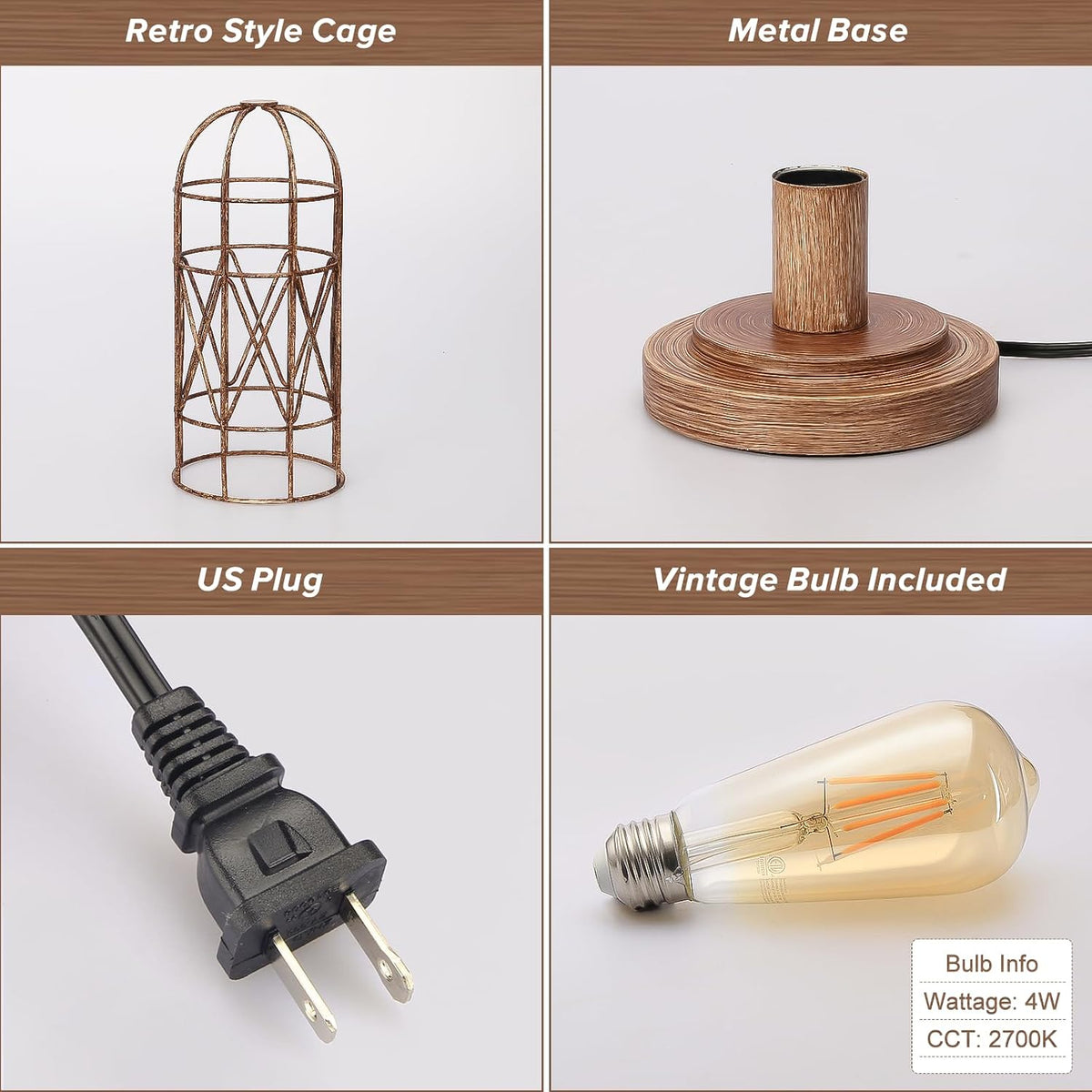 Touch Table Lamp, Industrial Desk Lamp with Rustic Wood Metal Cage Shade