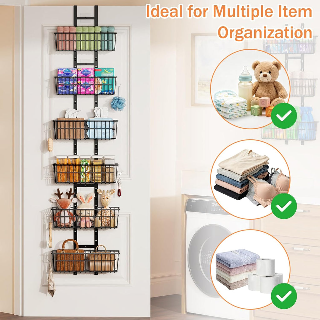 Hongtamoya Over The Door Organizer, Adjustable Hanging Door Organizer with 6 Wire Baskets 5 Hooks, Metal Behind The Door Storage for Pantry Closet Bedroom Bathroom Cabinet Kitchen Laundry Room, Black