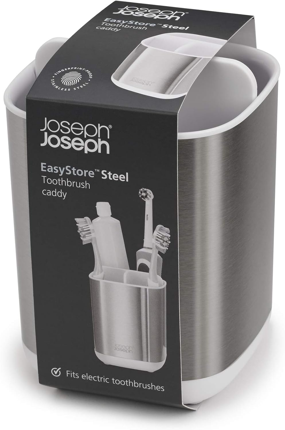 Joseph Joseph EasyStore Stainless-Steel Toothbrush Holder Bathroom Storage Countertop Organizer Caddy, Small