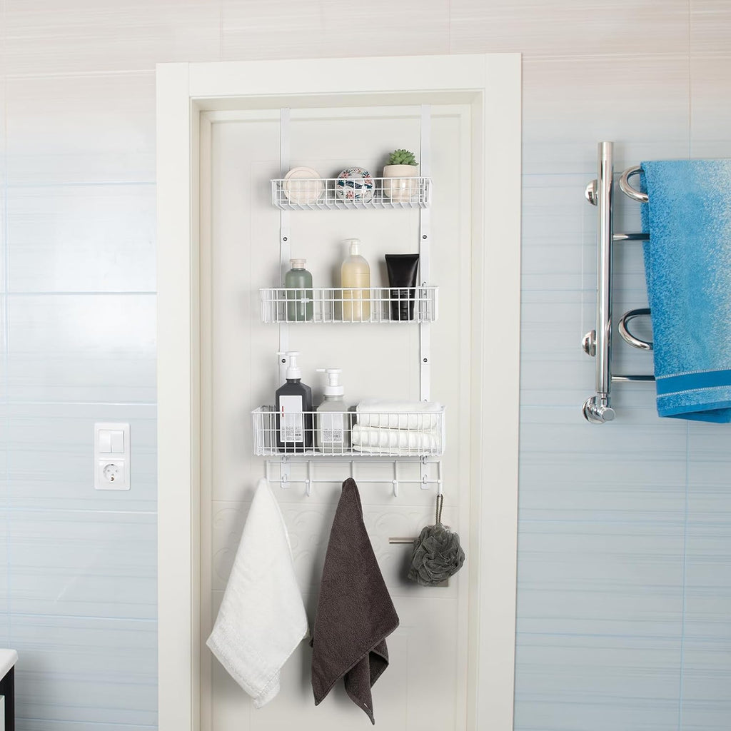 ETELI Over The Door Storage Organizer with 3 Mesh Baskets and 5 Hooks Heavy Duty Pantry Door Organizer Back of Door Storage Rack for Bathroom, Kitchen, Office, White