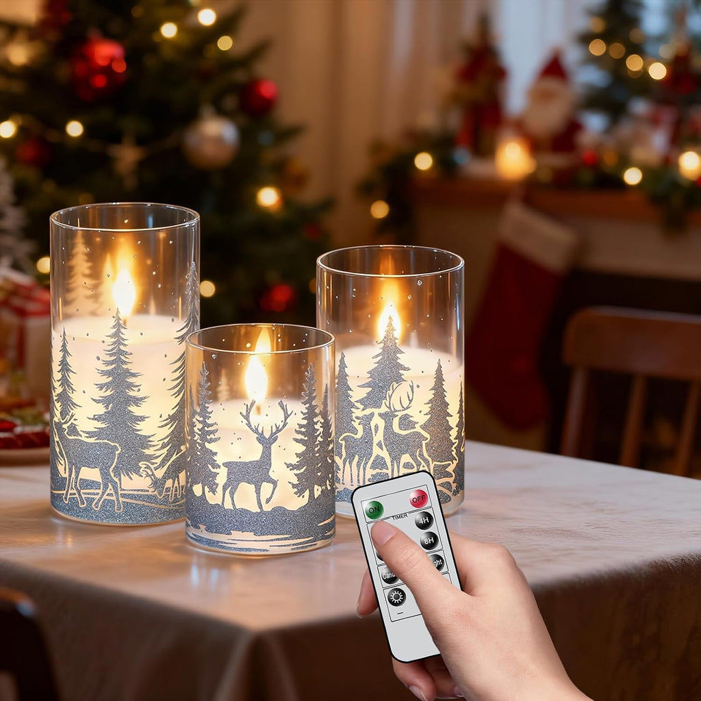 Christmas Deer LED Glass Flameless Candles Battery Operated Remote Timer