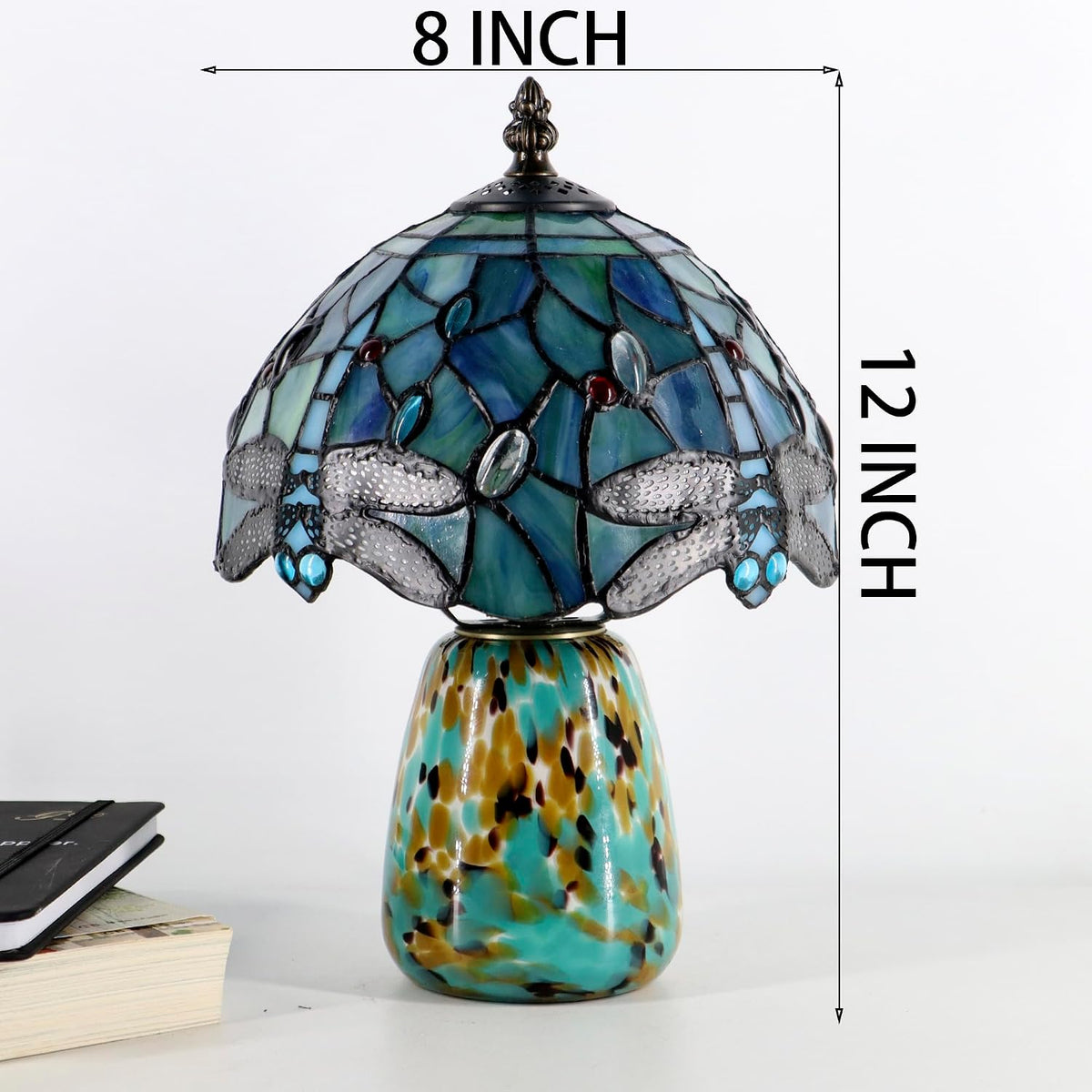 Tiffany Mushroom Table Lamp Dragonfly Style Sea Blue Stained Glass Accent Lamp Brown Blue Glass Base 8X8X12 Inch