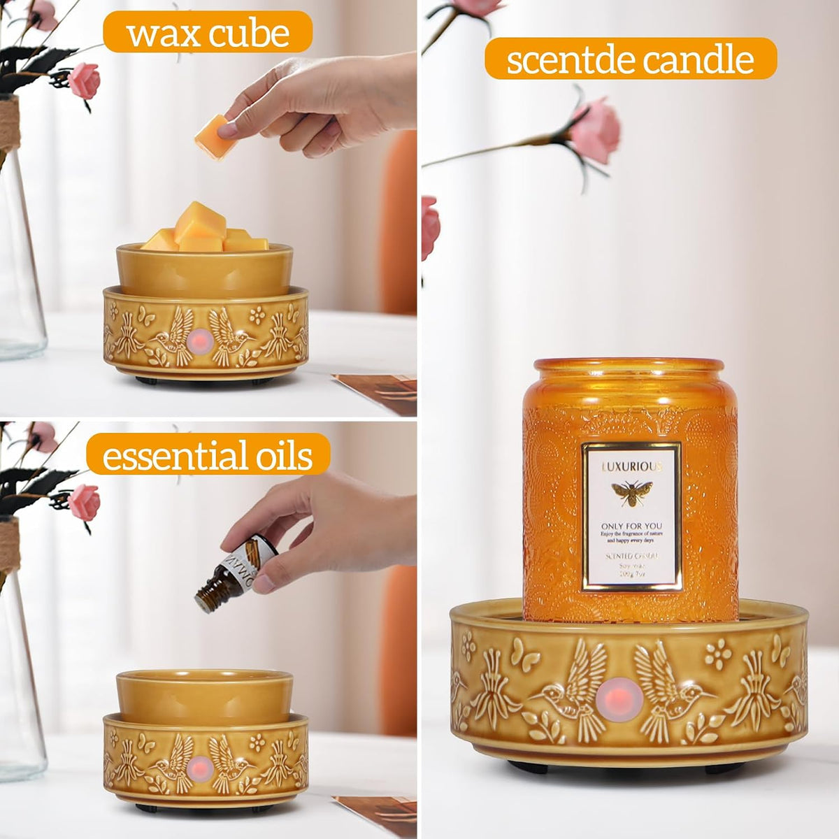 Hummingbird Wax Melt Warmer for Scented Wax 3-in-1 Ceramic Wax Warmer