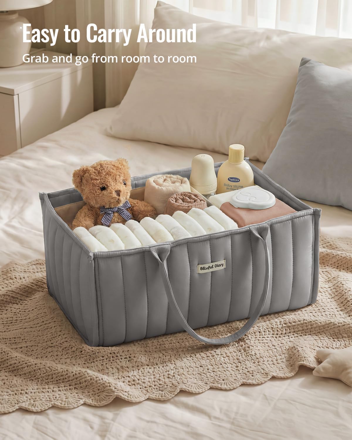 Blissful Diary Baby Diaper Caddy Organizer, Nursery Storage, Light Gray