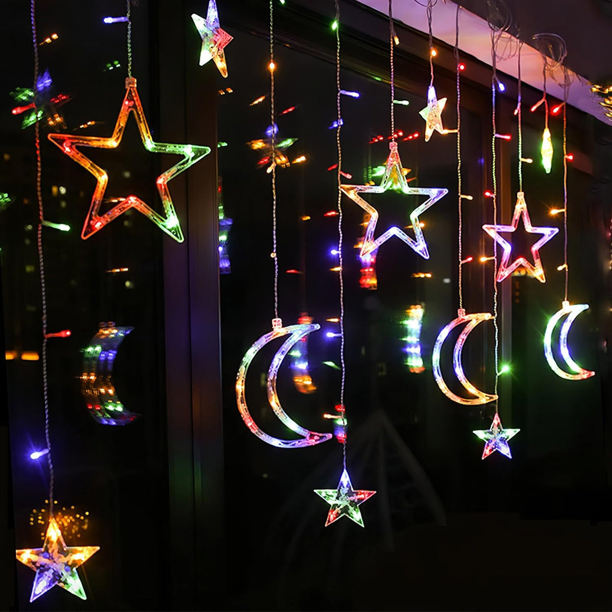 Moon and Stars Decor Curtain Lights, 11.5ft String Lights for Bedroom, Christmas, Ramadan Decor, Indoor LED Fairy Twinkle Light, Battery Operated or USB Plug-in