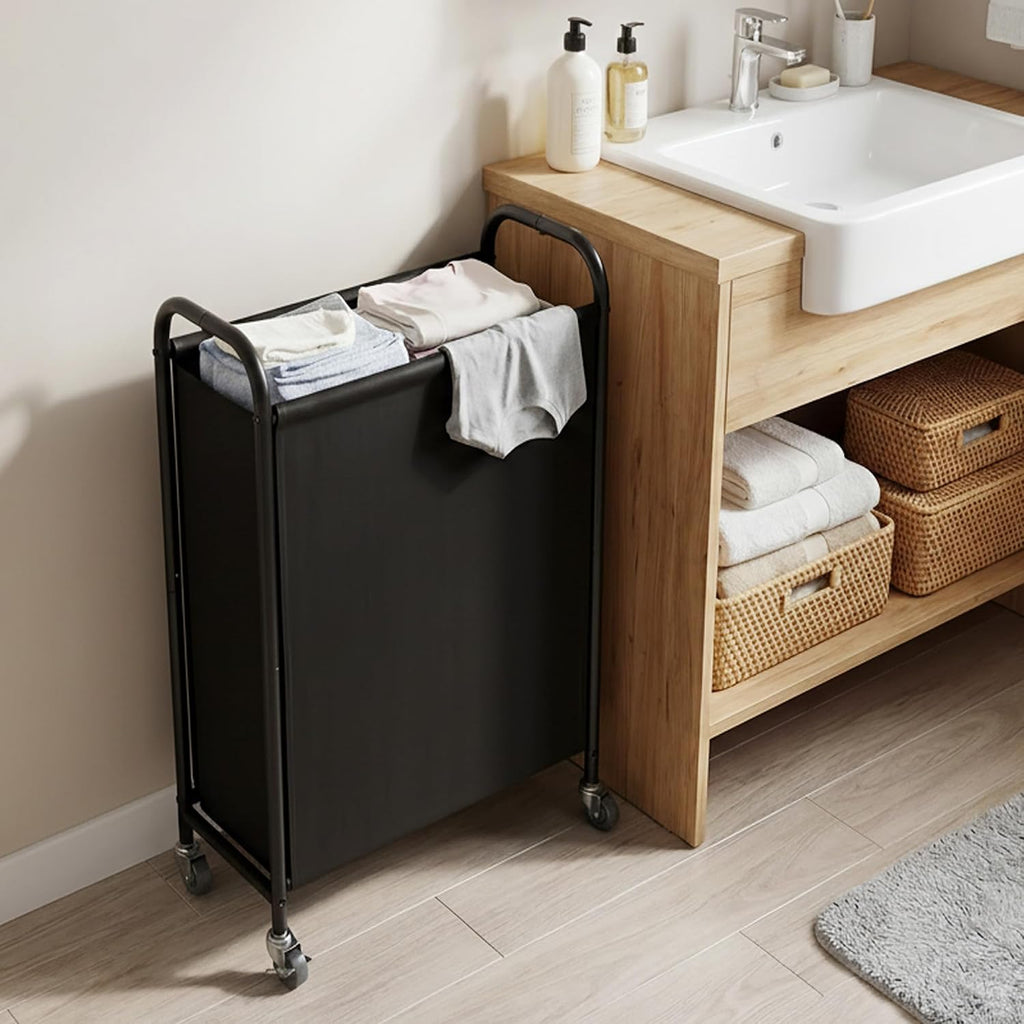 GRANNY SAYS Laundry Hamper, Slim Basket with Wheels and Handles, Black, 80L