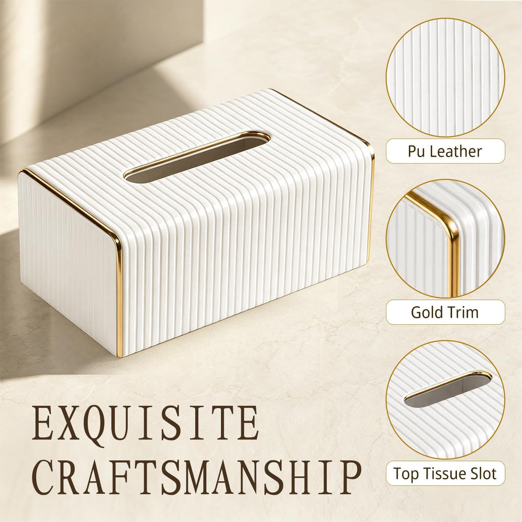 White Tissue Box Cover Rectangle, Tissues Holder with Gold Edging