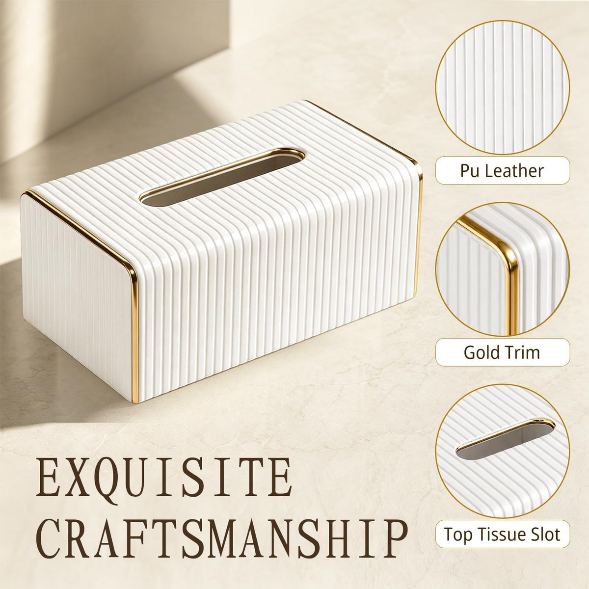 White Tissue Box Cover Rectangle, Tissues Holder with Gold Edging