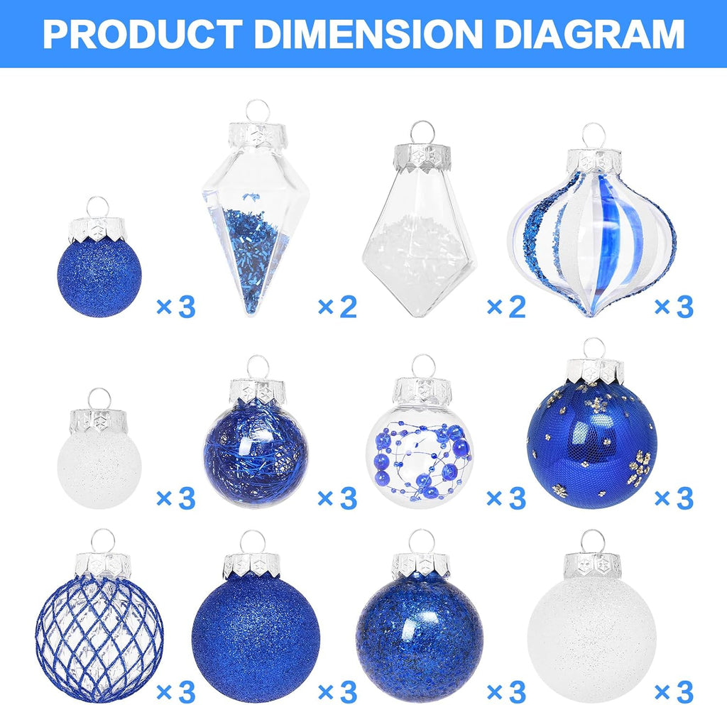 34PCS Blue/White Christmas Ball Ornaments Set for Tree Decorations