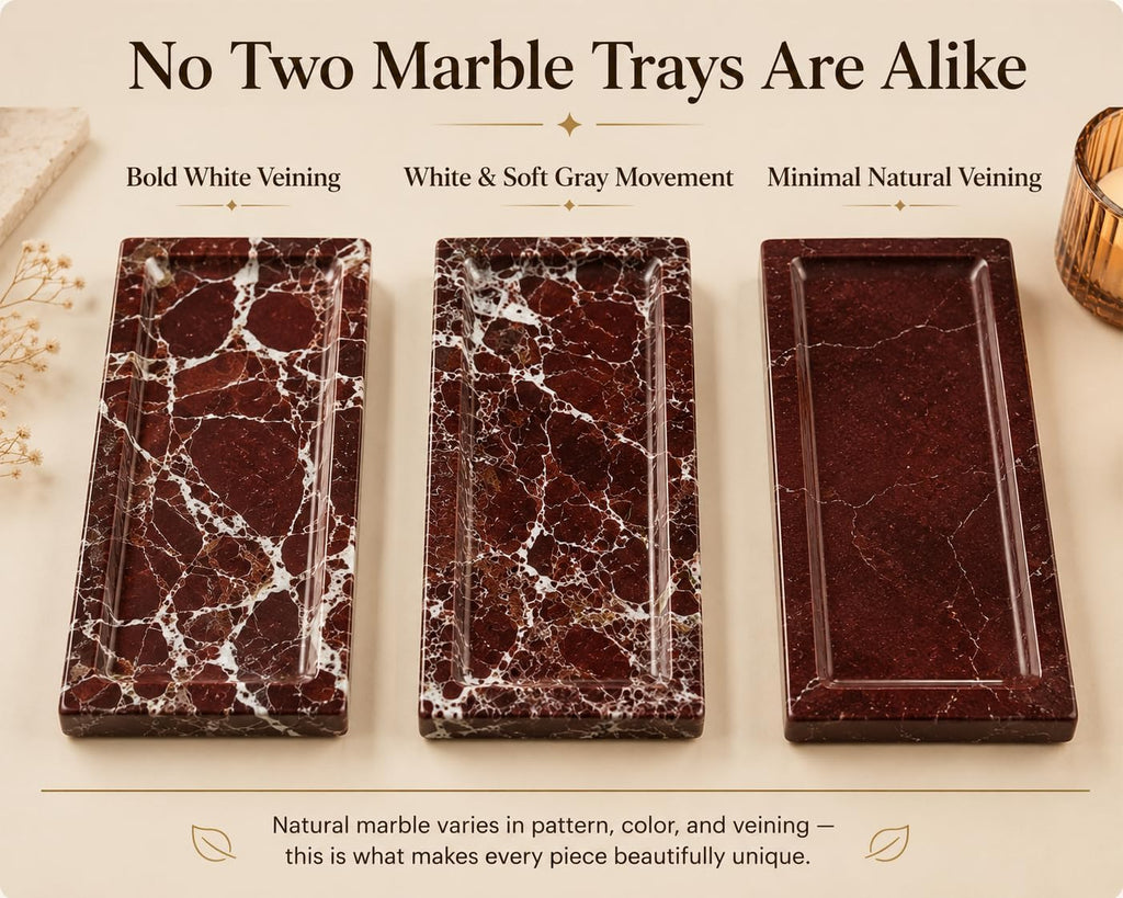 Marble Decorative Tray for Home Decor, Red Vanity Tray for Bathroom Countertop, Small Perfume Tray for Dresser, Luxury Stone Organizer for Jewelry, Candles & Skincare, 11 x 4.7 in