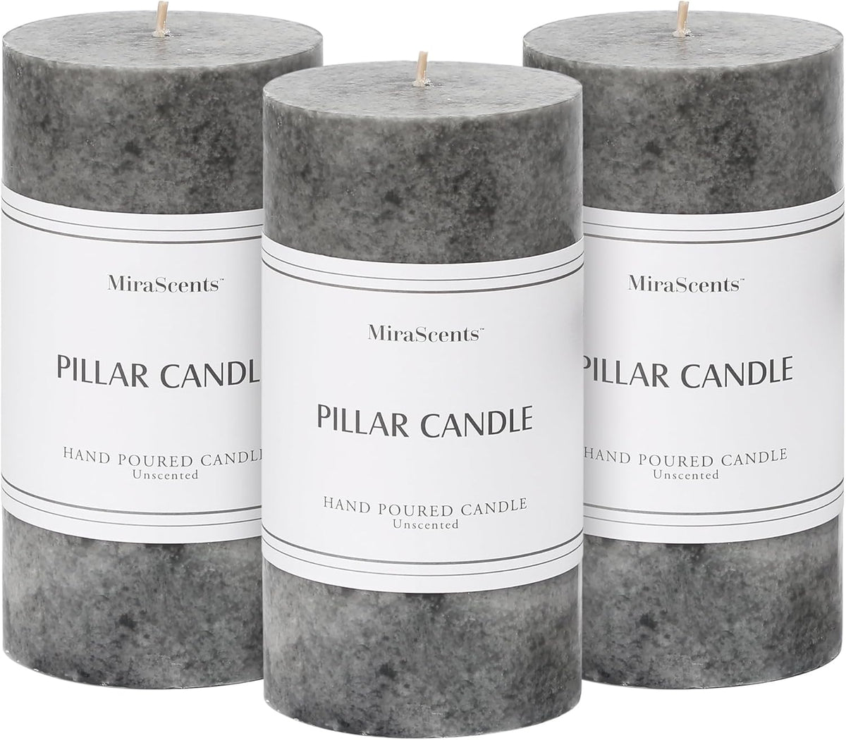 3x6 Inch Grey Pillar Candles Set of 3, Hand-Poured Unscented Pillar Candles