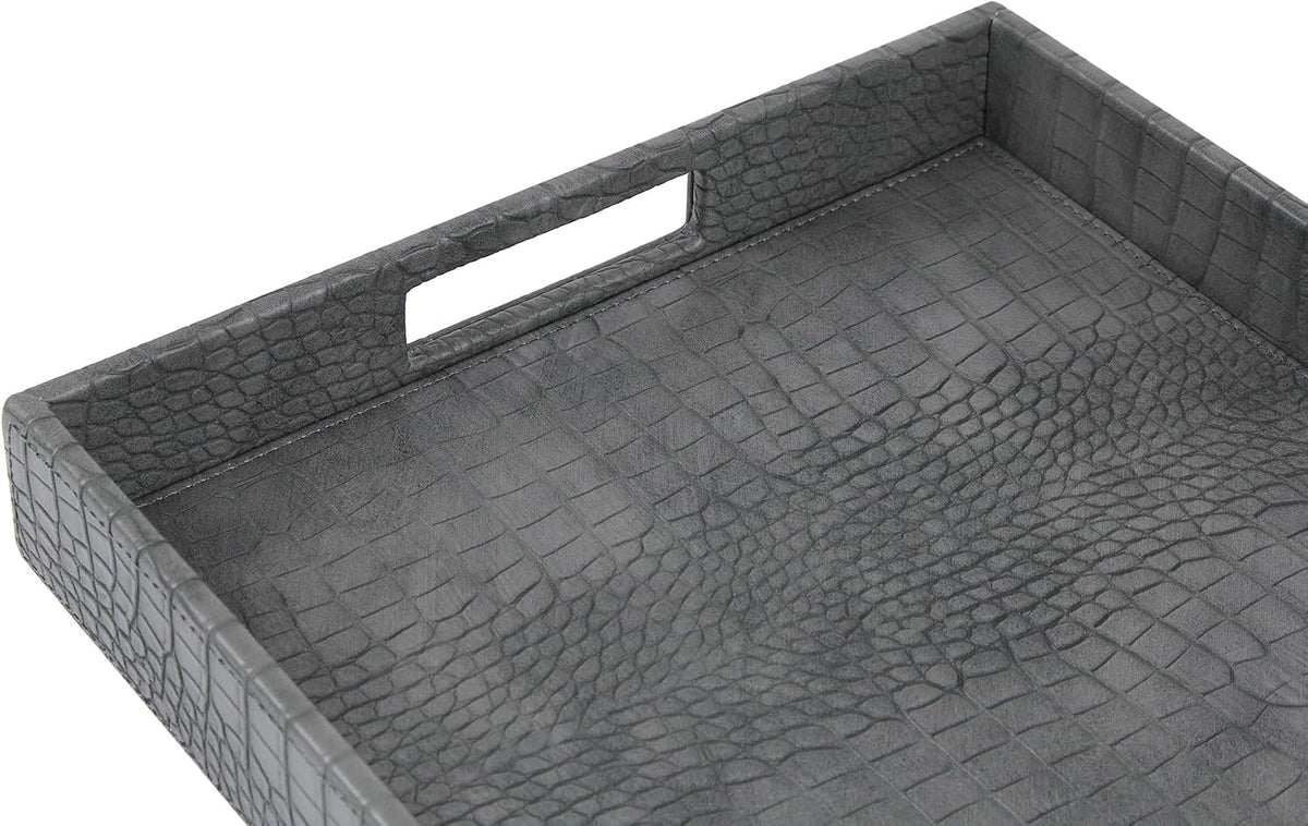 HofferRuffer Rectangle Serving Tray with Hole Handles for Coffee Table, Breakfast, Tea, Food, Butler - Countertop, Kitchen, Vanity Serve Tray, 16.2 x 12.2 x 2 inches, Faux Leather Tray (Dark Grey)