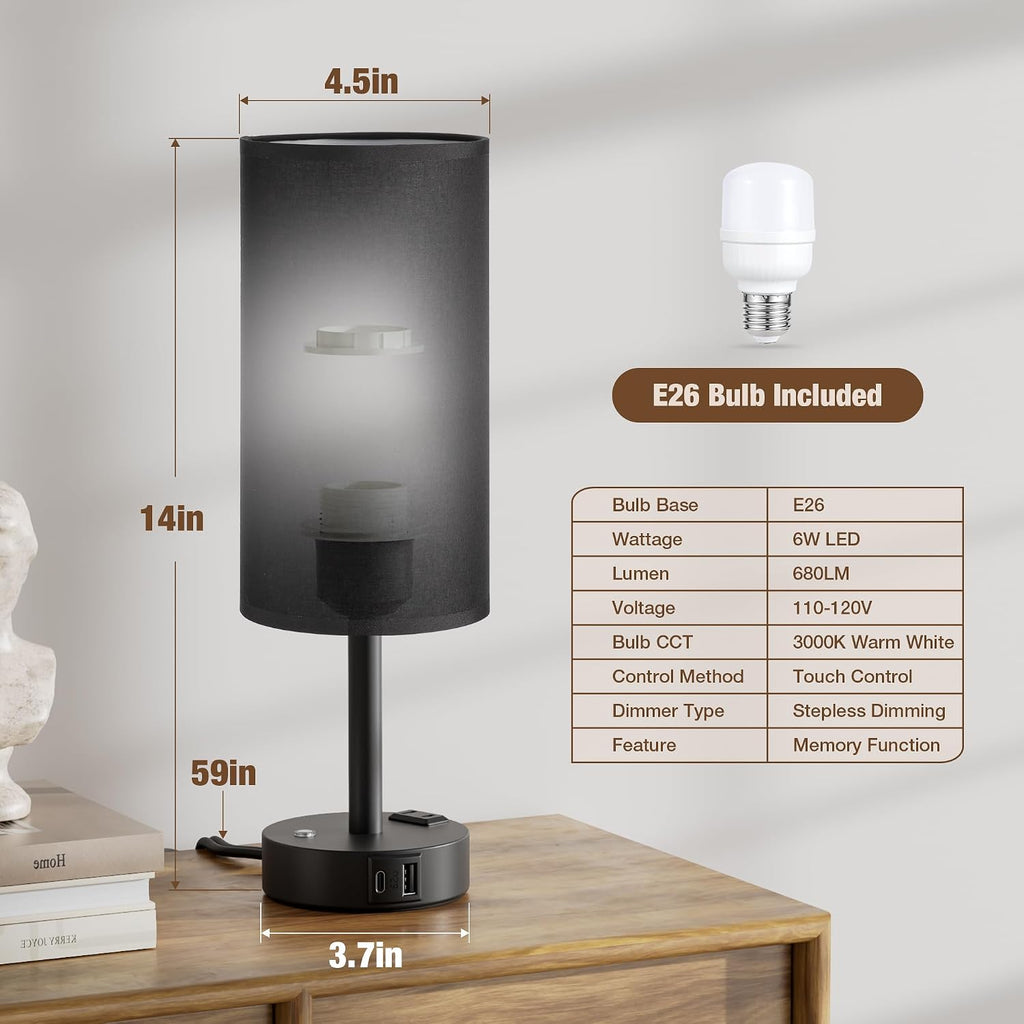 Black Touch Bedside Lamp for Bedroom, Stepless Dimmable, USB A+C, AC Outlet