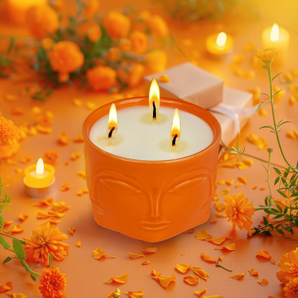 Strong Pumpkin 3 Wick Orange Large Candle, 20oz, Ceramic, Outdoor Scented Candles, 100% Soy, for Home Scented, Yoga, Meditation, Patio, Table Decor, Beautiful Candle Jars