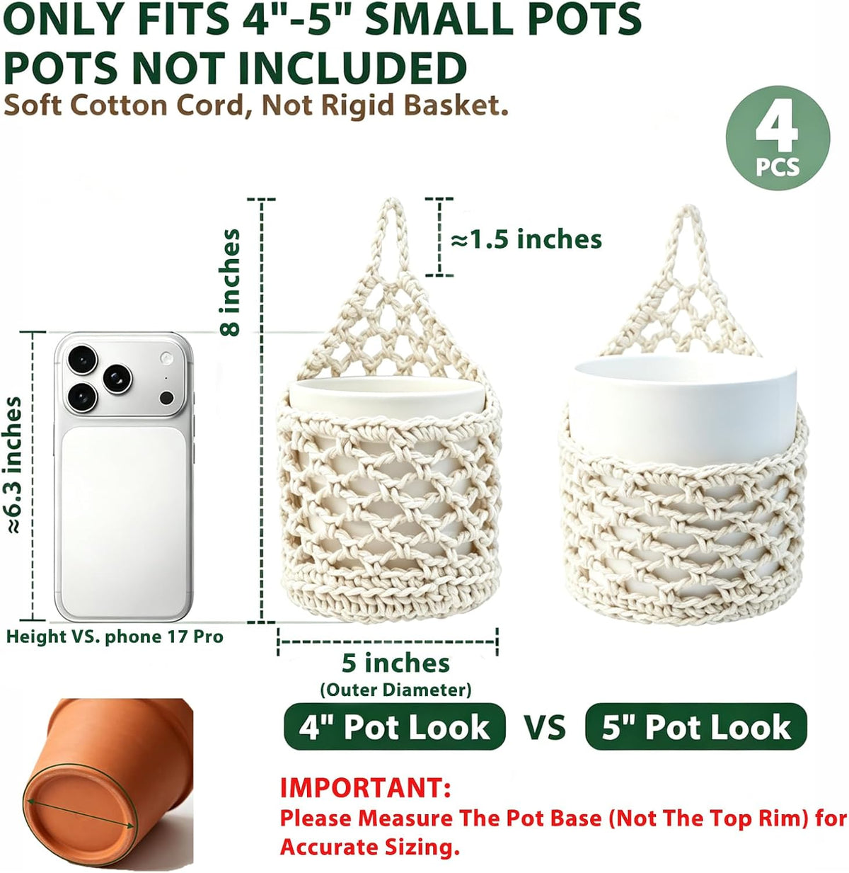 4-PCS 5 Inch Macrame Wall Plant Hangers, Small Wall Hanging Plant Holder for 4"–5" Pots, Natural Cotton Rope Hanger for Indoor Plants & Daily Storage, Boho Home Decor