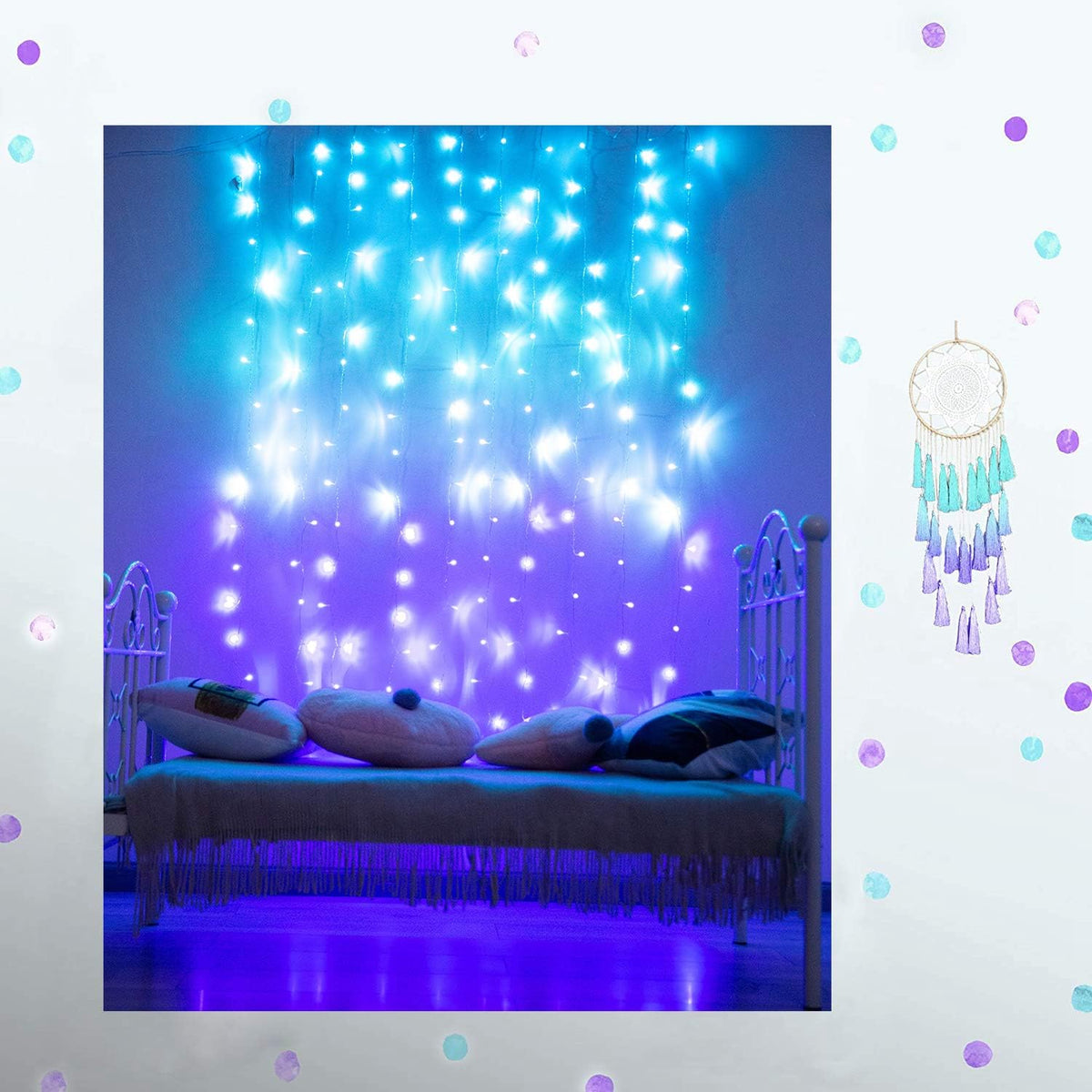 Curtain Lights for Bedroom Wall Light Up Curtains Led String Lights Turquoise Teal Blue Lavender Lilac Purple Twinkle Hanging Fairy Lights Unicorn Mermaid Kawaii Teen Room Decor for Girls