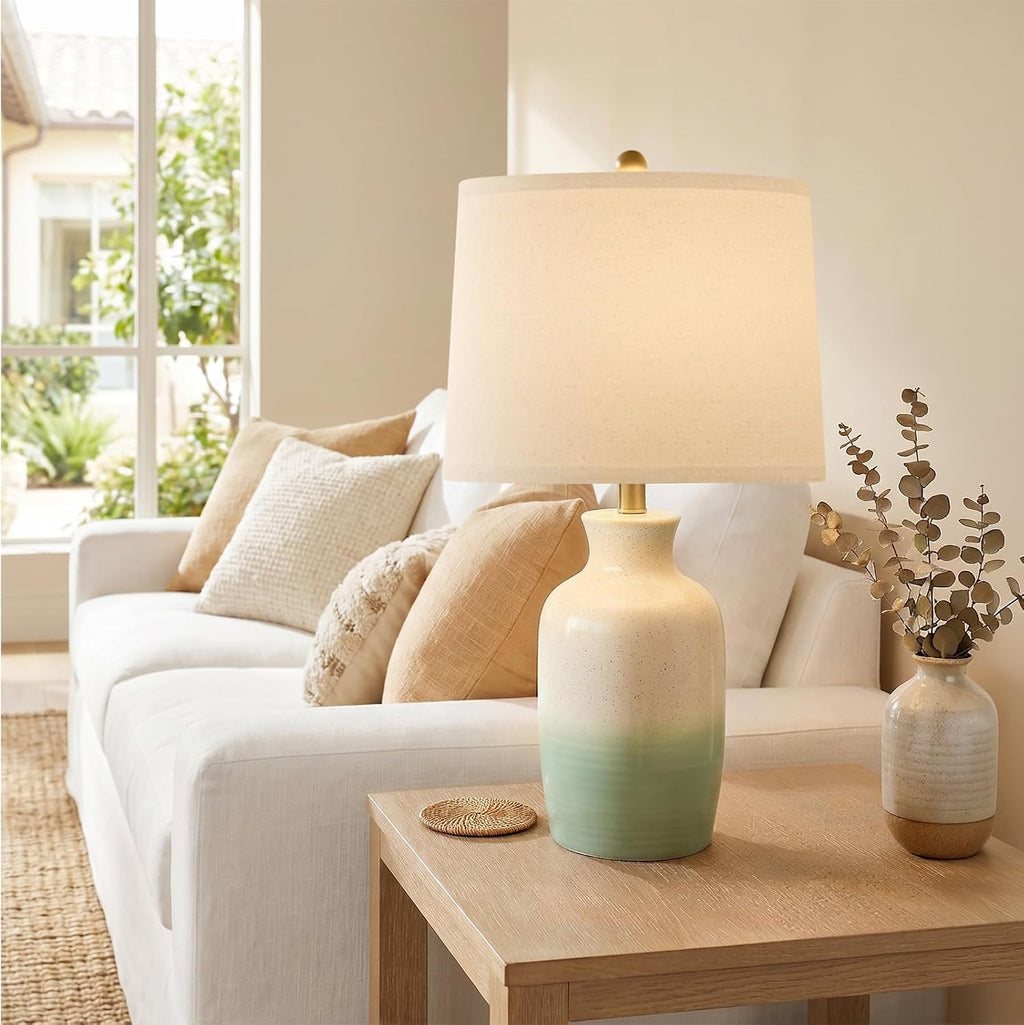 PoKat 24'' Farmhouse Living Room Lamp with Soft Ombre Finish, Modern Hand-Textured Table Lamps for Bedroom, Organic Bedside Lamps for Nightstand Office Guest Room Entryway Gift (Beige and Green)