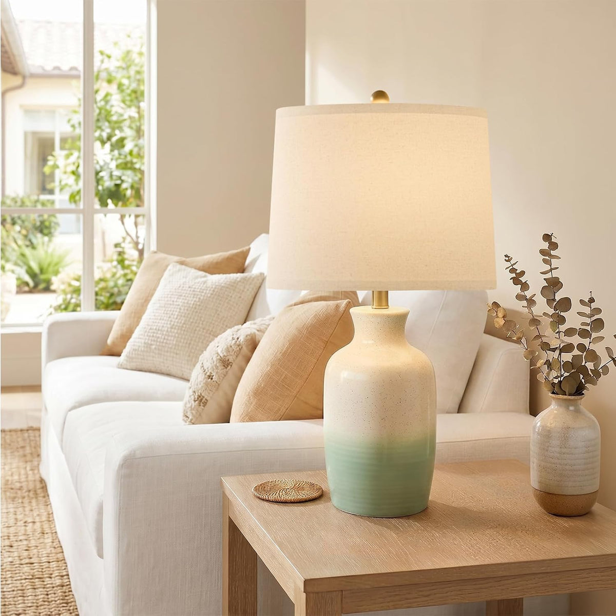 PoKat 24'' Farmhouse Living Room Lamp with Soft Ombre Finish, Modern Hand-Textured Table Lamps for Bedroom, Organic Bedside Lamps for Nightstand Office Guest Room Entryway Gift (Beige and Green)