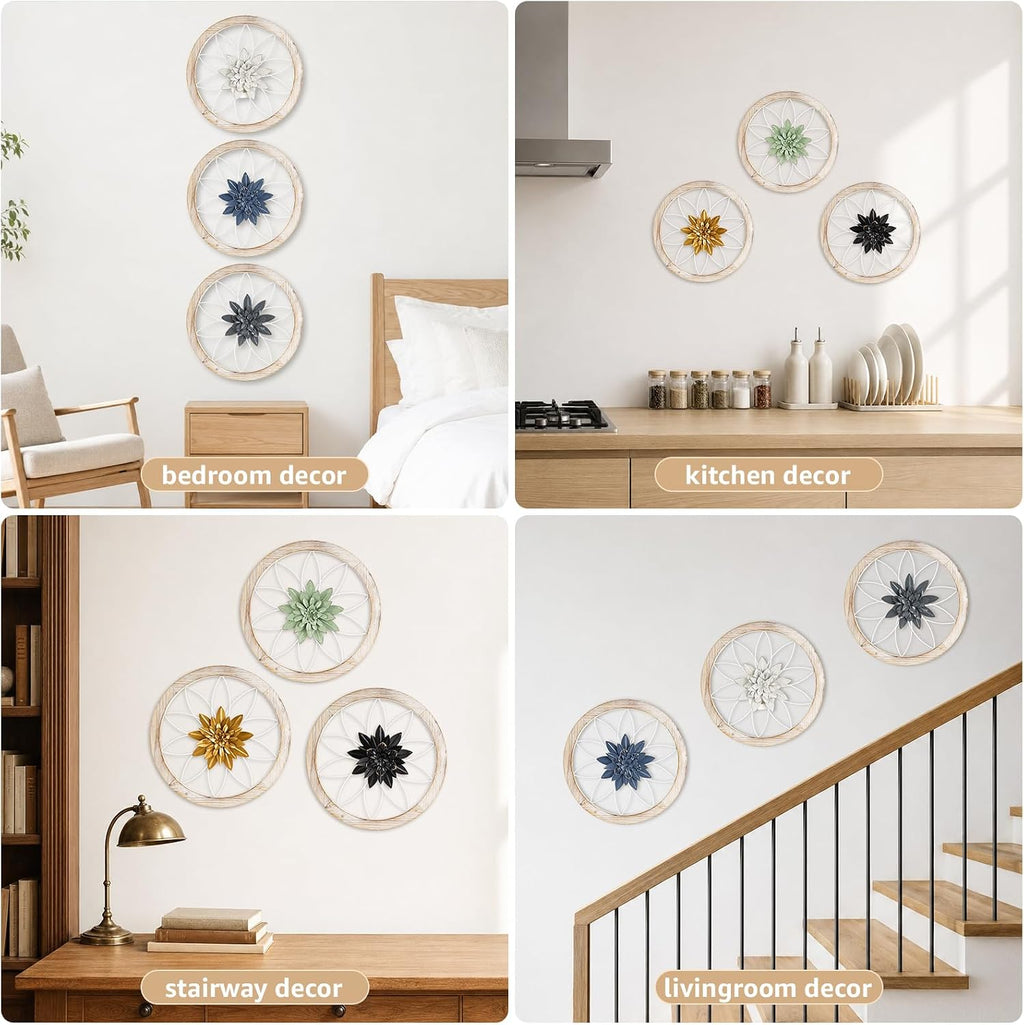 Paquesta 3 Piece Round Farmhouse Wall Decor with 6 Piece Interchangeable Flowers 15.75'' Medallion Wood & Metal Rustic Wall Art for Living Room Bedroom Kitchen Bathroom Dining Room Home Decorations (large white wheel)