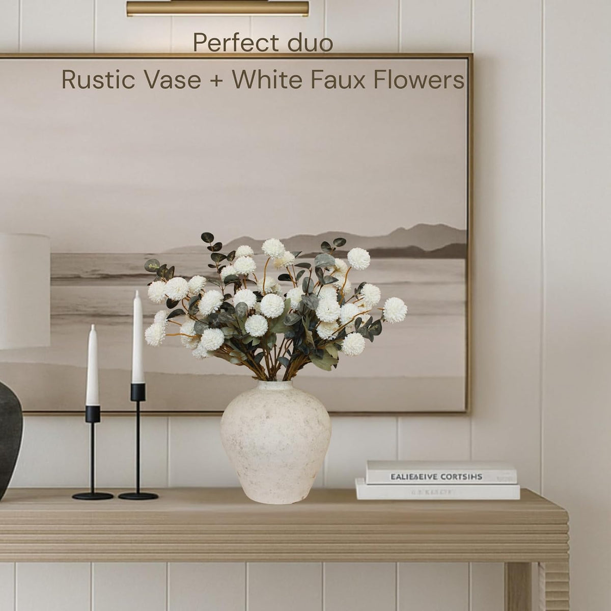 Handemade Large Round Vase for Centerpieces, White Farmhouse Rustic Vase