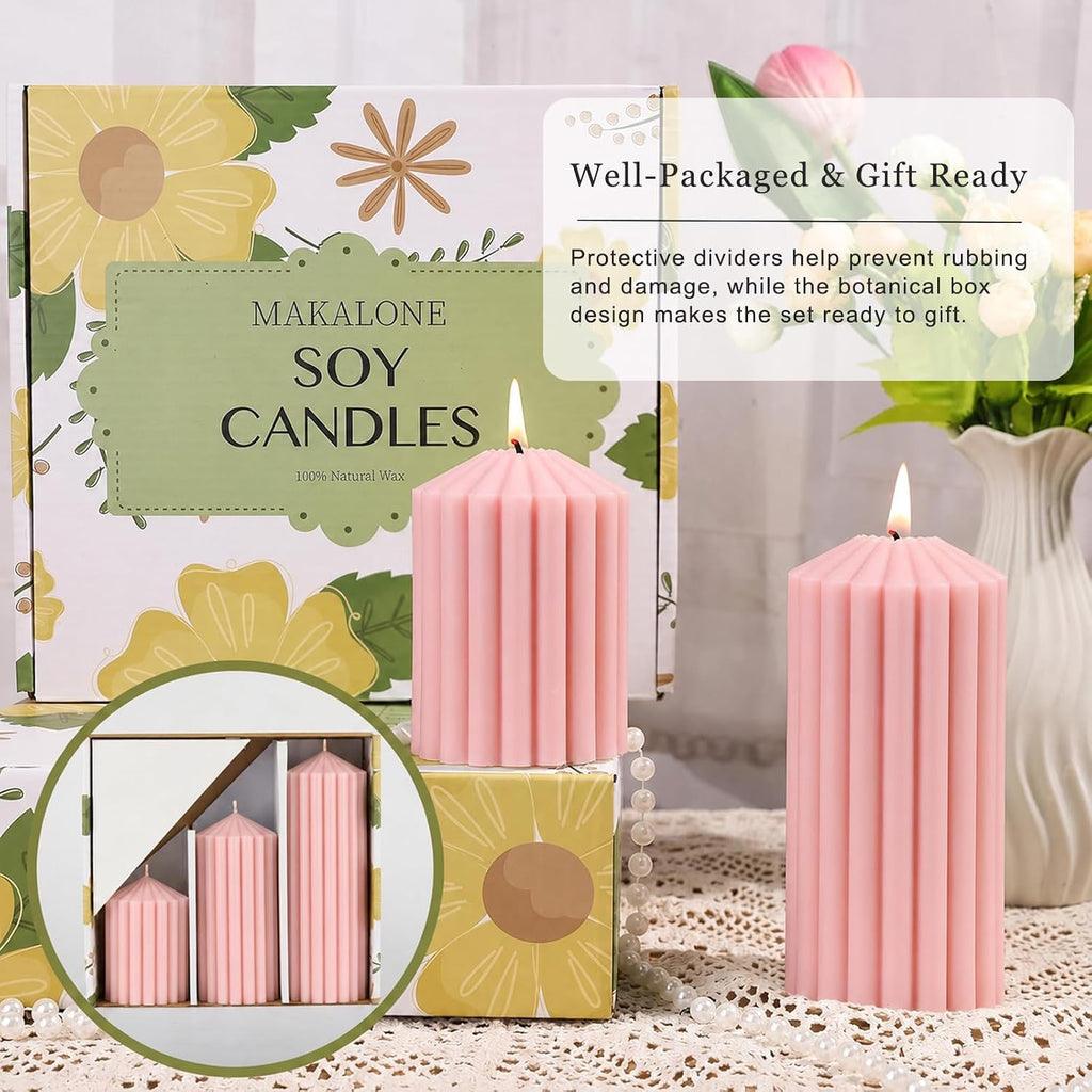 Ribbed Decorative Scented Pillar Candles, 3 Pack,2.8 x 4/6/8 Inch, Pink