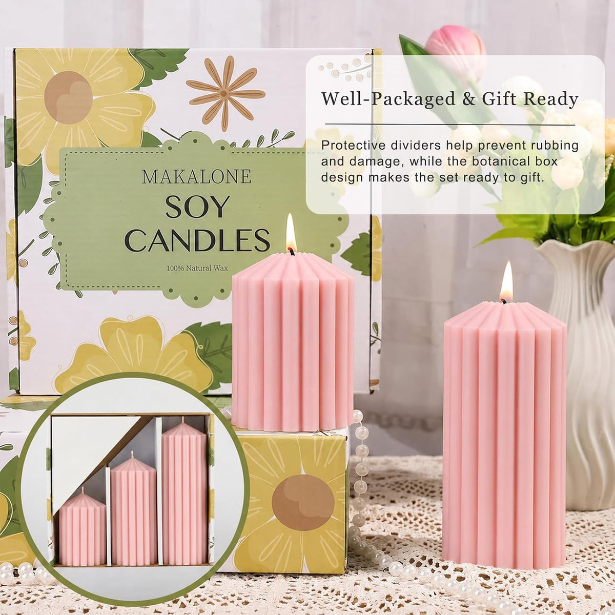 Ribbed Decorative Scented Pillar Candles, 3 Pack,2.8 x 4/6/8 Inch, Pink