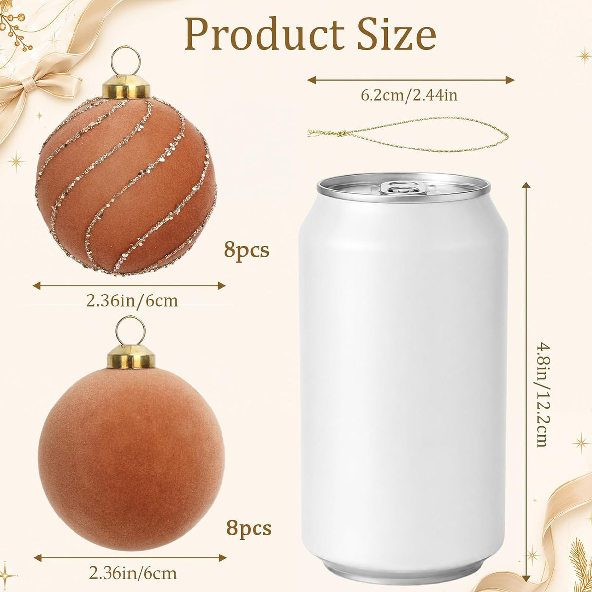 16 Pcs Brown Velvet Christmas Ball Ornaments, Flocked Tree Decorations
