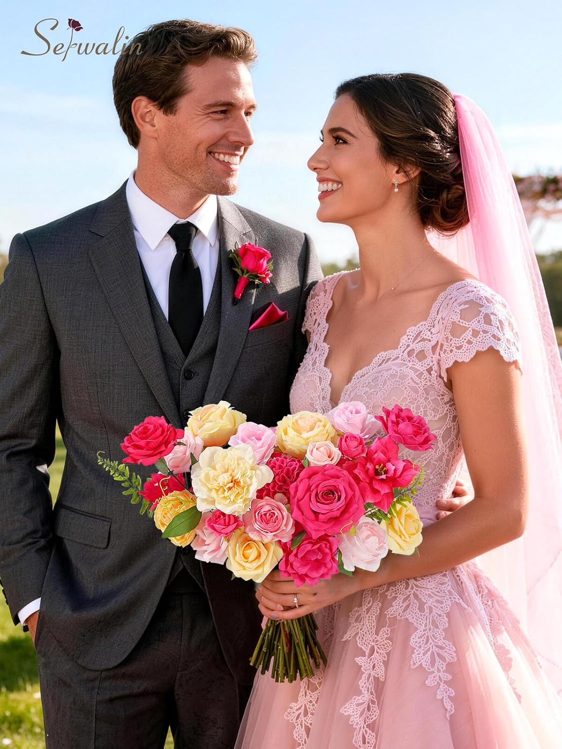 Serwalin Artificial Hot Pink Yellow Flowers Magenta Silk Flower for Wedding