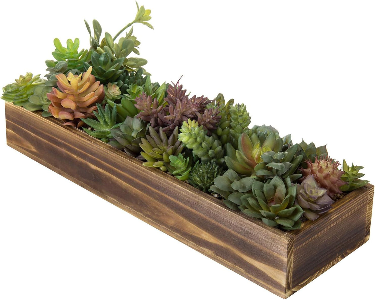 MyGift Artificial Succulent Centerpiece, 15.75 Inch Faux Succulents Arrangement Plants in Rustic Burnt Wood Rectangular Planter Box