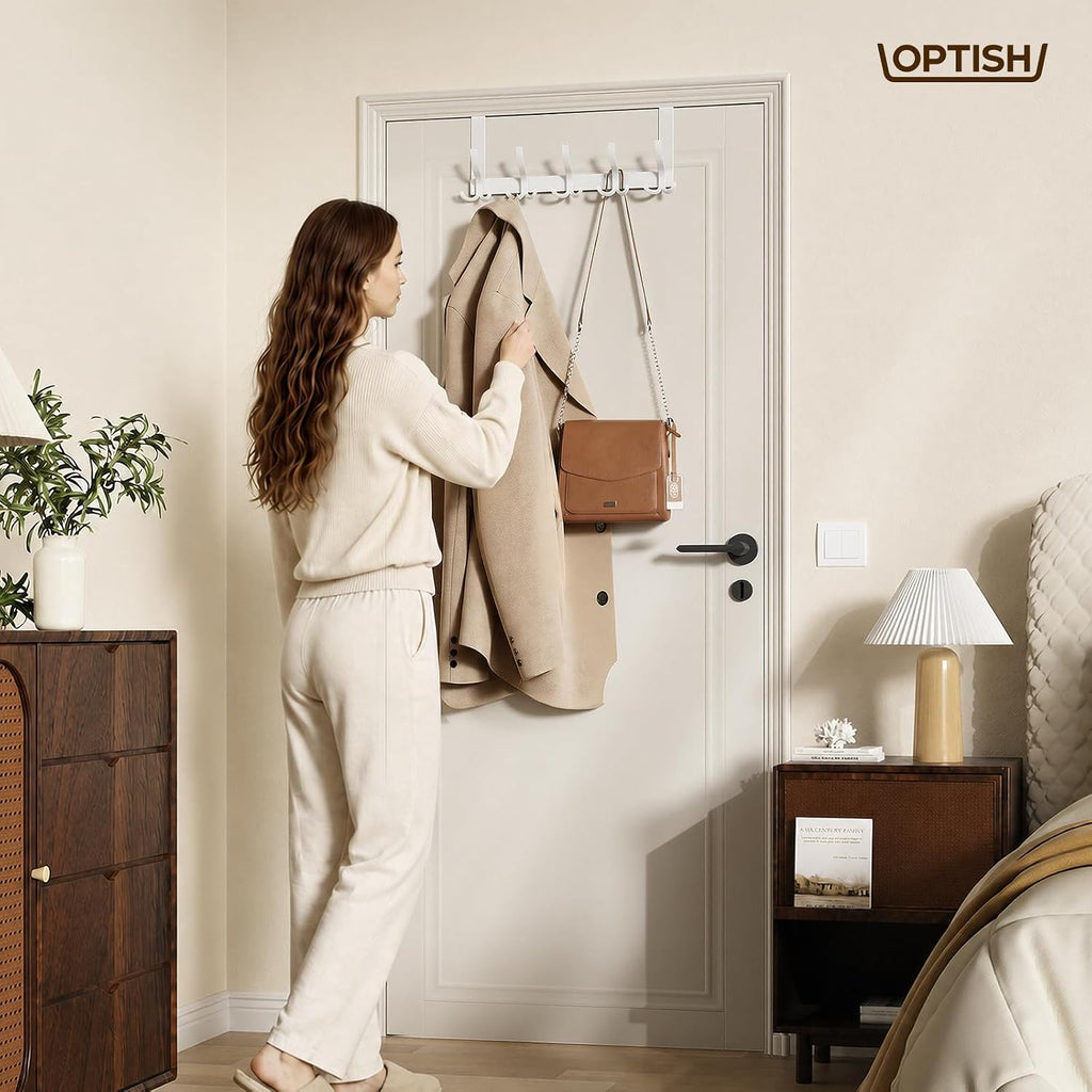 Optish Door Hanger Hook, Over The Door Hooks for Hanging, Over The Door Towel Racks for Bathroom, Over The Door Hanger - 5 Triple Hooks for Towel, Clothes and Hat (White, 1 Pack), TRI-1P