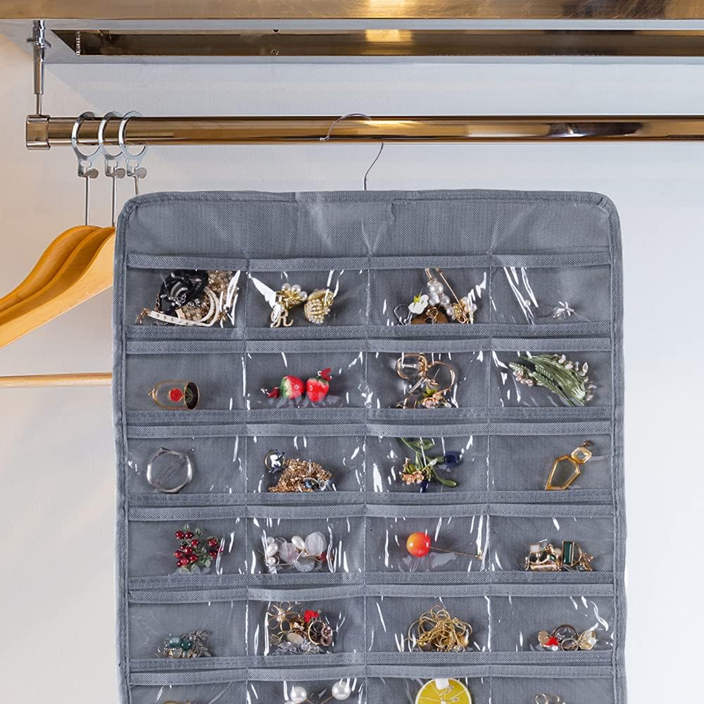 Bloss Hanging Jewelry Organizer, Earring Organizer Double Sided 80 Pocket Jewelry Chain Storage Bag 2 Layer of Fabric Jewelry Holder for Necklace Bracelet - Gray